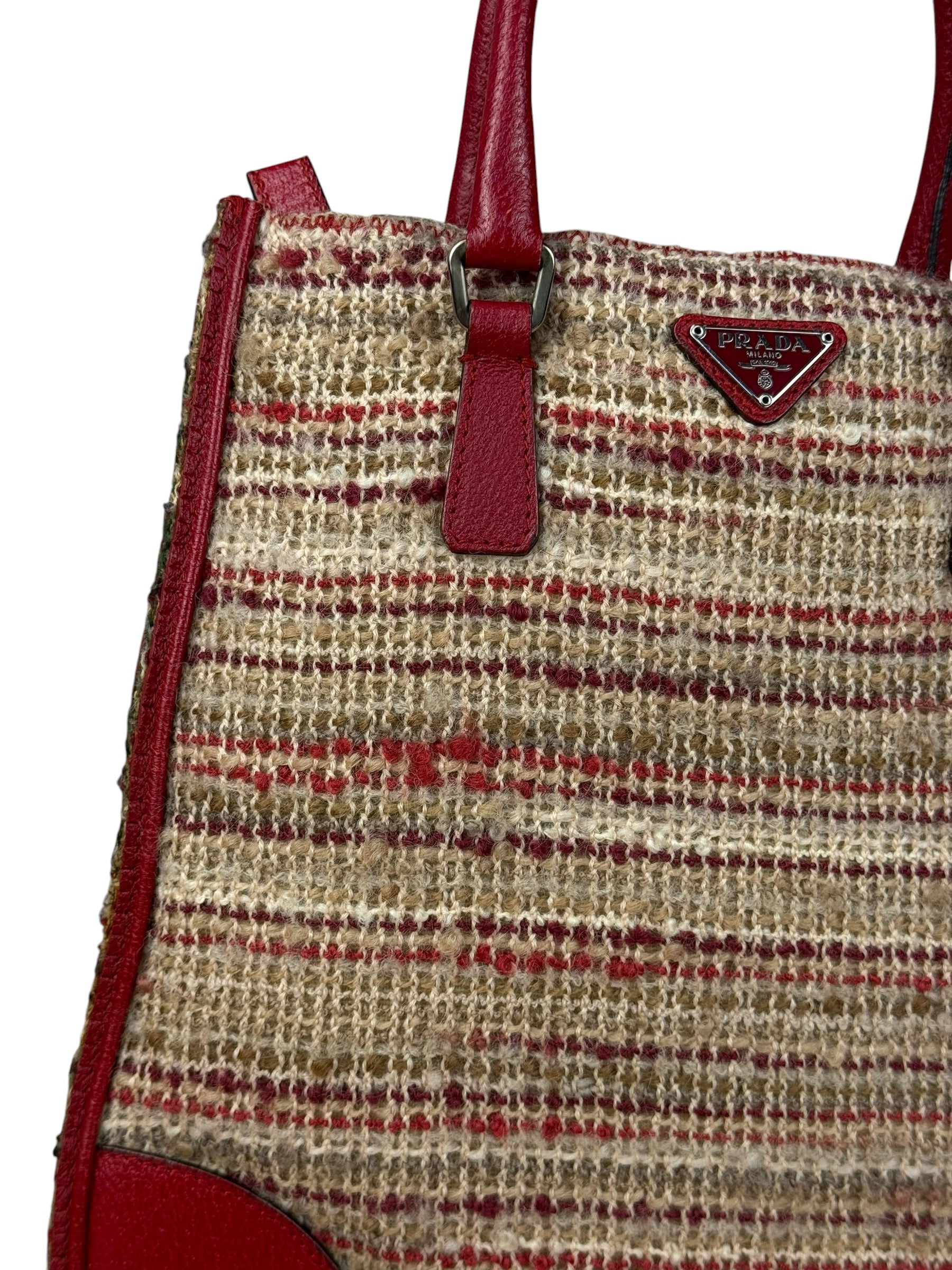 Prada Vintage Red Woven Tweed Zip Tote