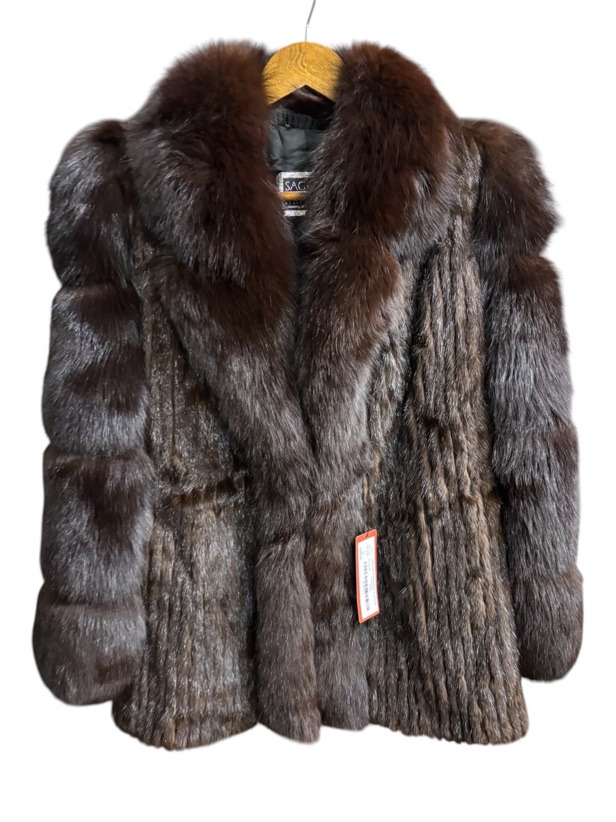 Vintage Saga Dark Brown Mink/Fox Fur Trim Vertical Stripped Coat