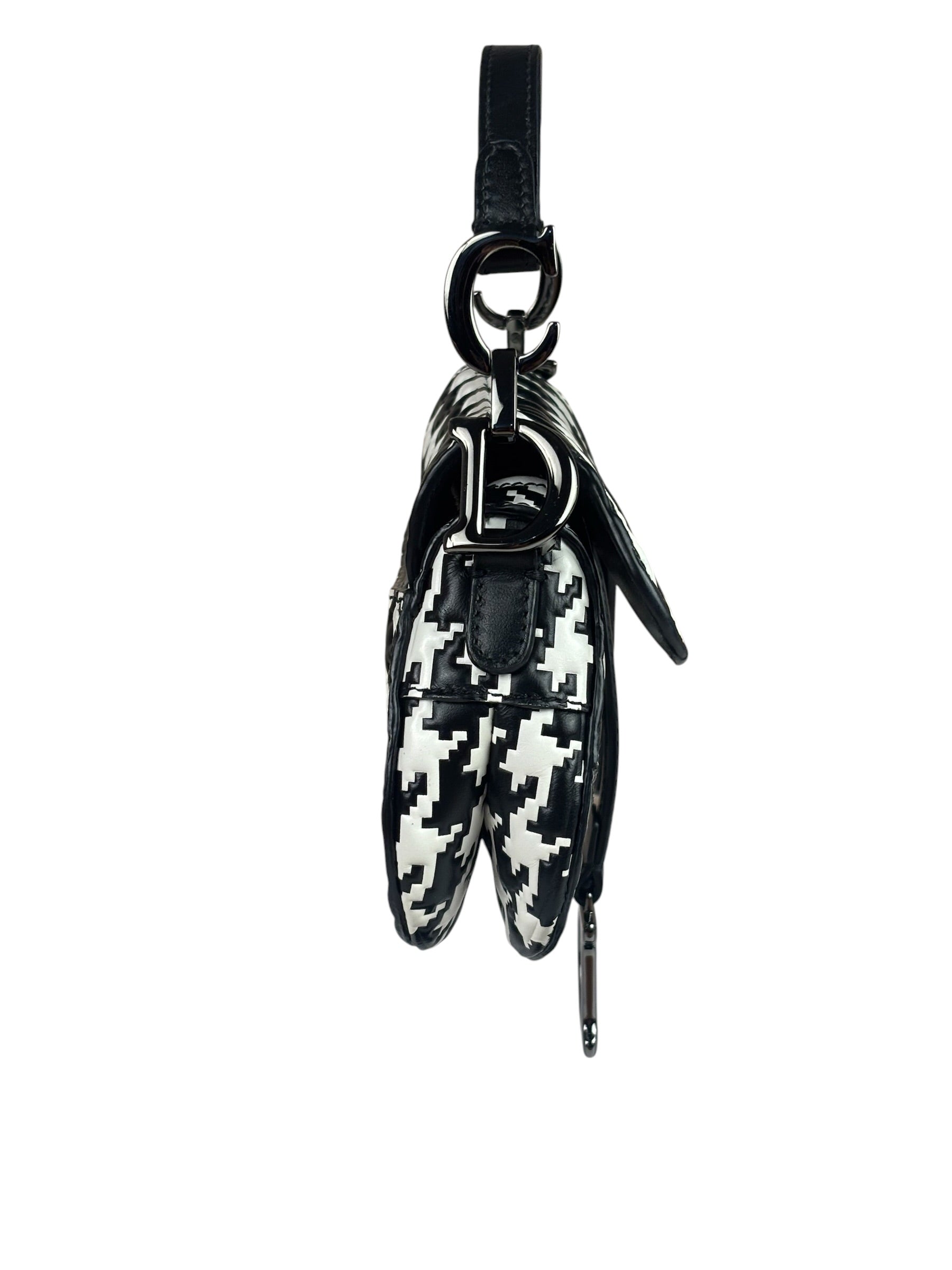 Christian Dior White/Black Leather Houndstooth Micro Saddle Bag