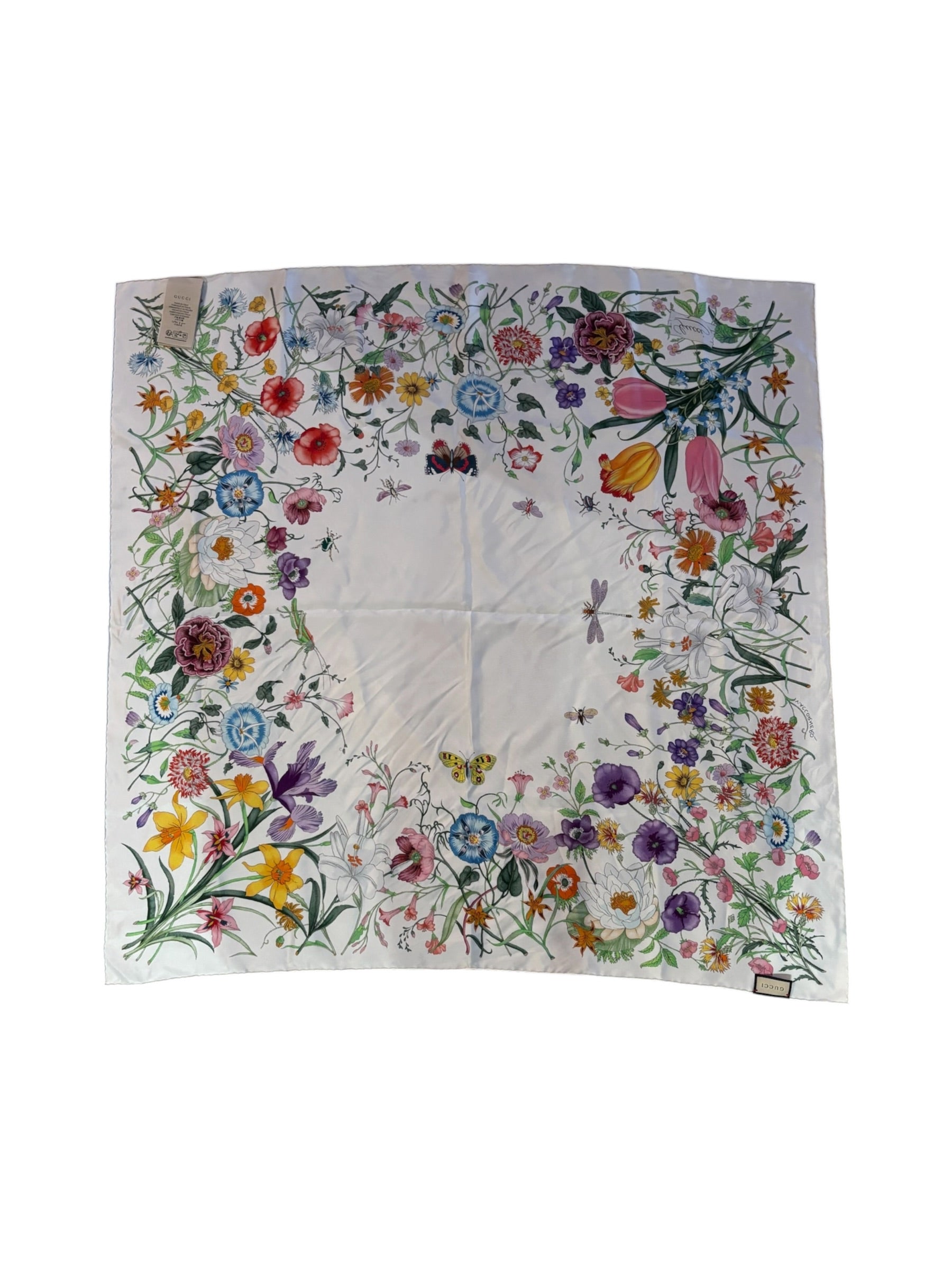 Gucci White Flora Printed Silk Twill Carre Scarf