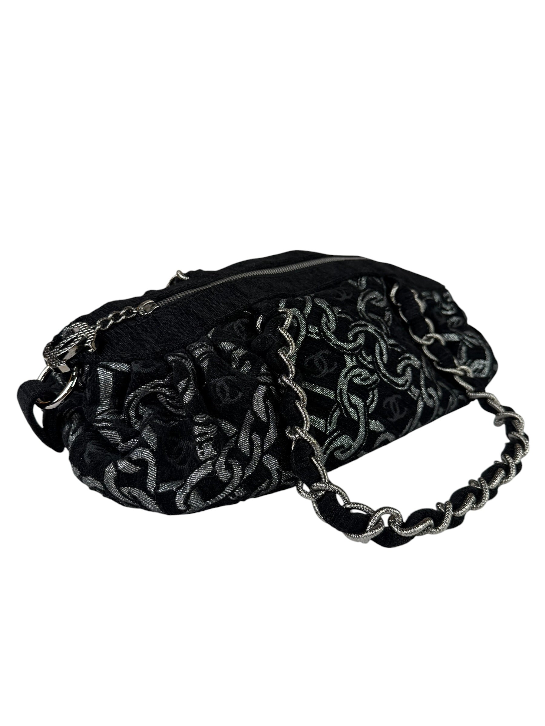 Chanel Black CC Jacquard Chain Silver Metallic Bowler Handbag 2005
