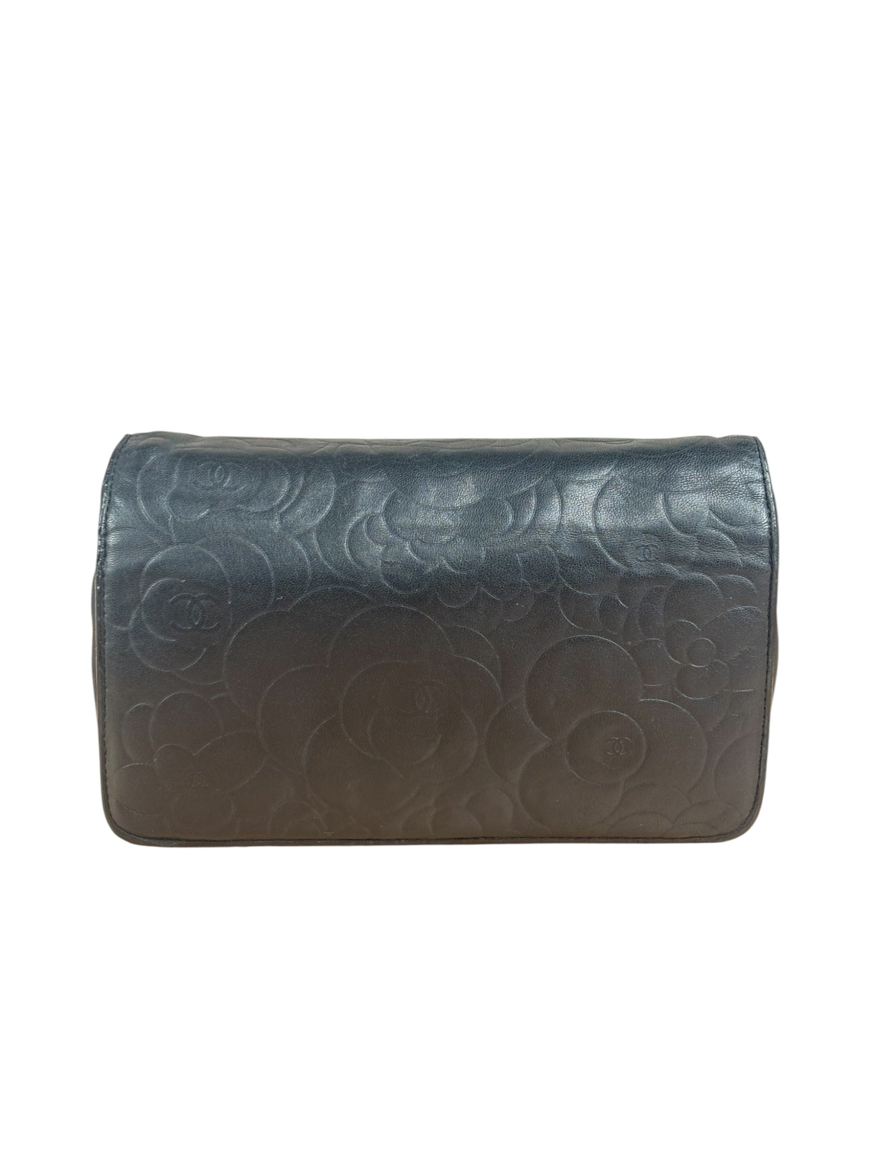 Chanel Black Leather Camellia Embossed Chain Wallet 2012