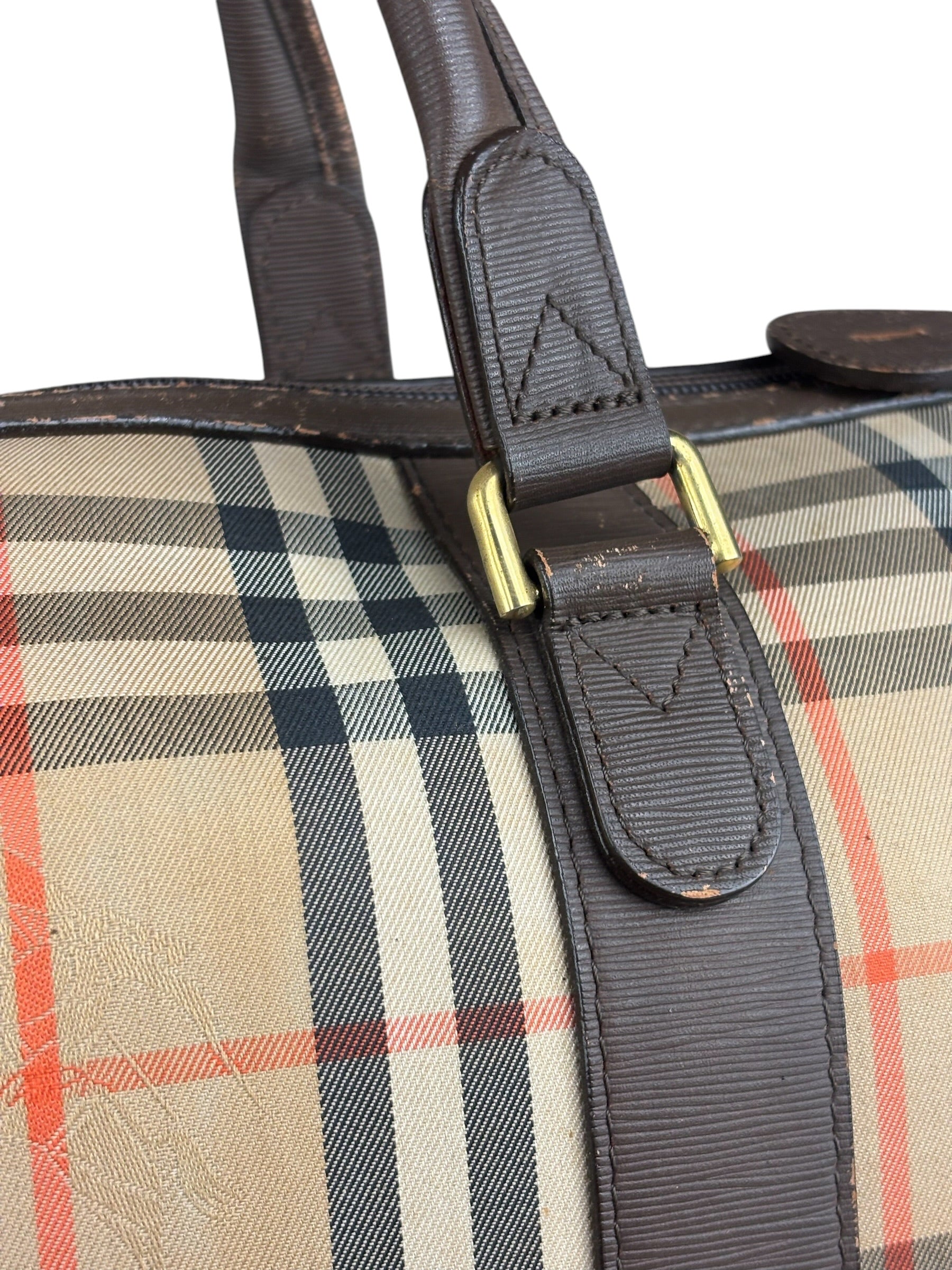 Burberry Leather House Check Boston Duffle Bag