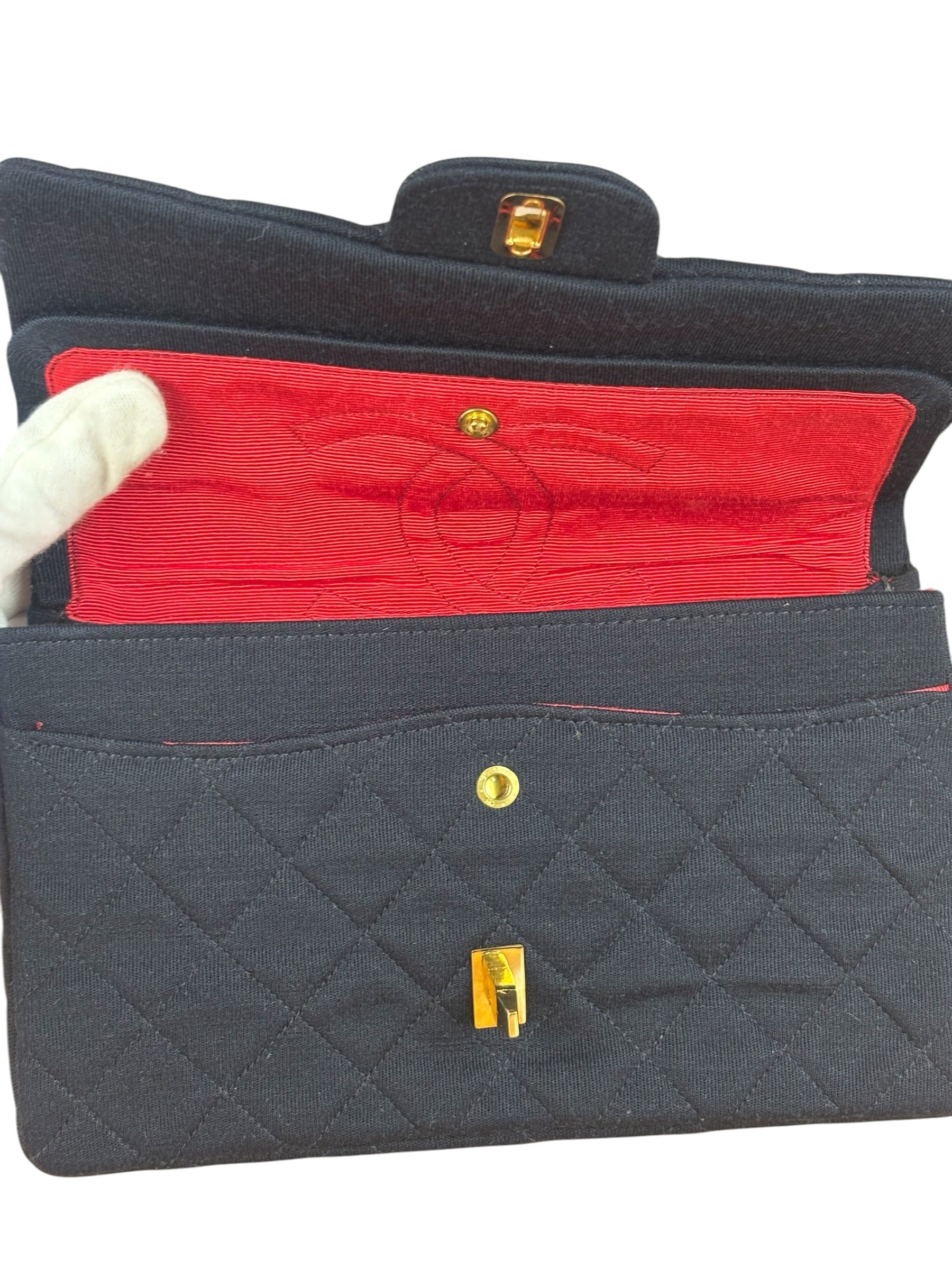 Chanel Navy Blue Cotton Jersey Classic Double Flap Shoulder Bag