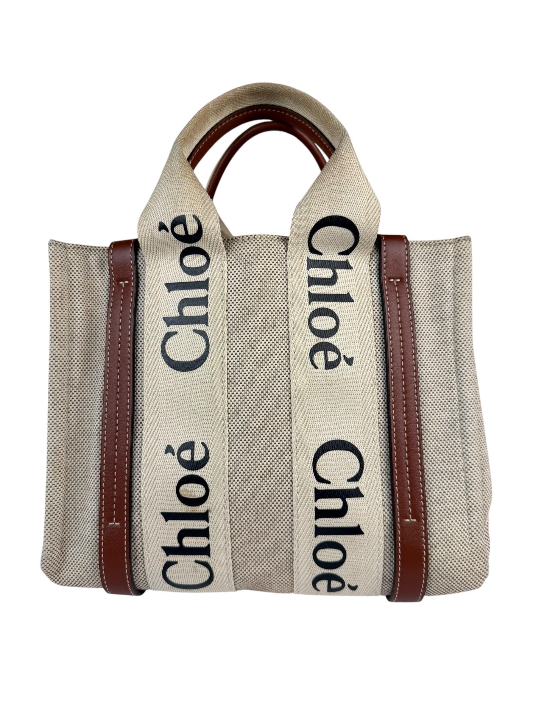 Chloe Brown Leather Trim/Linen Canvas Woody Small Tote