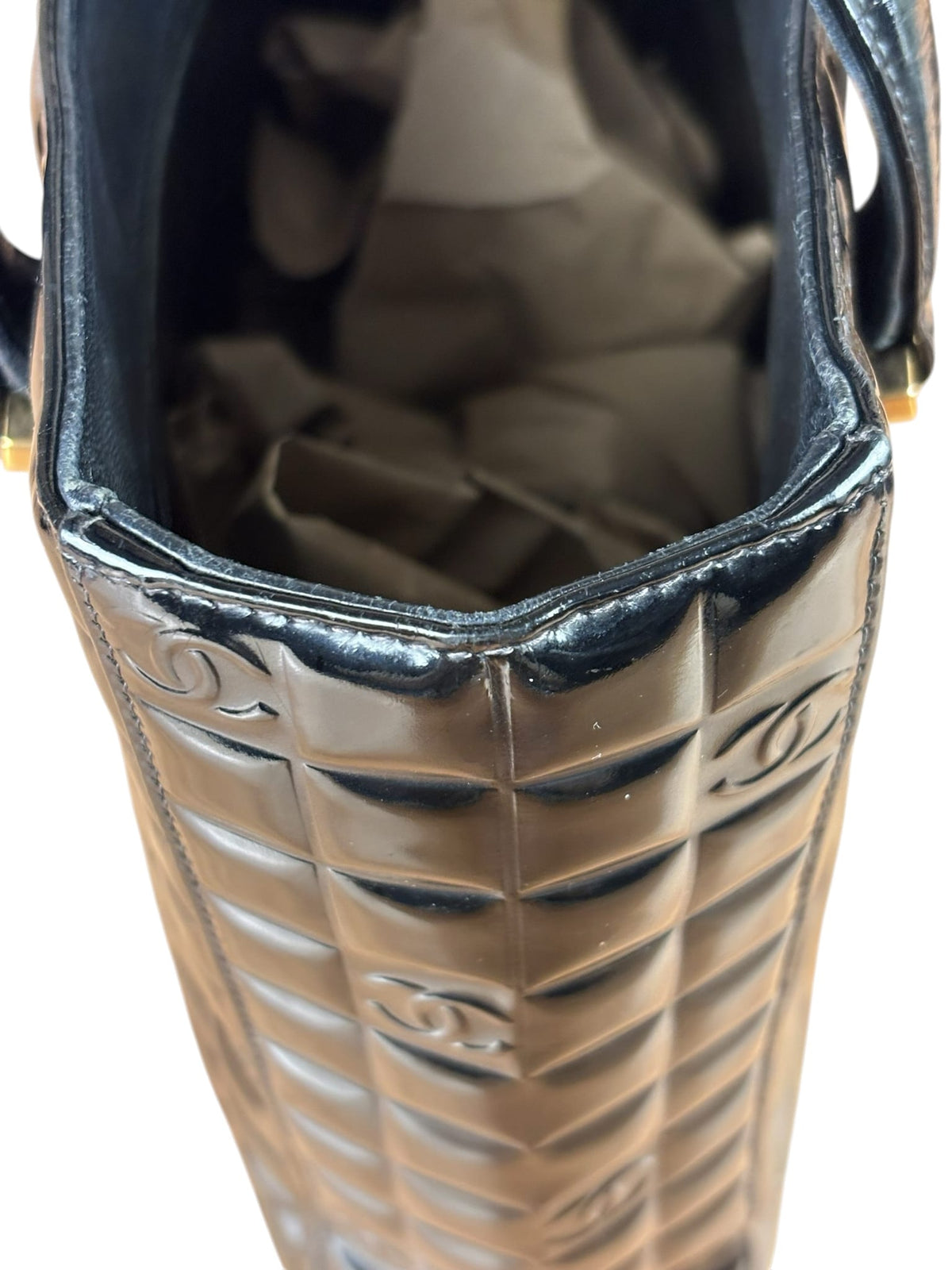 Chanel Black Patent Leather Chocolate Bar Tote Early 2000's