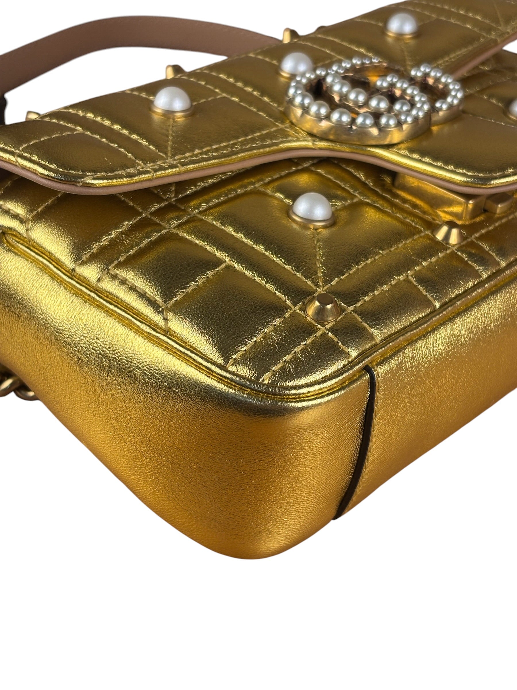 Gucci Gold GG Marmont Pearl Studded Mini Flap Bag