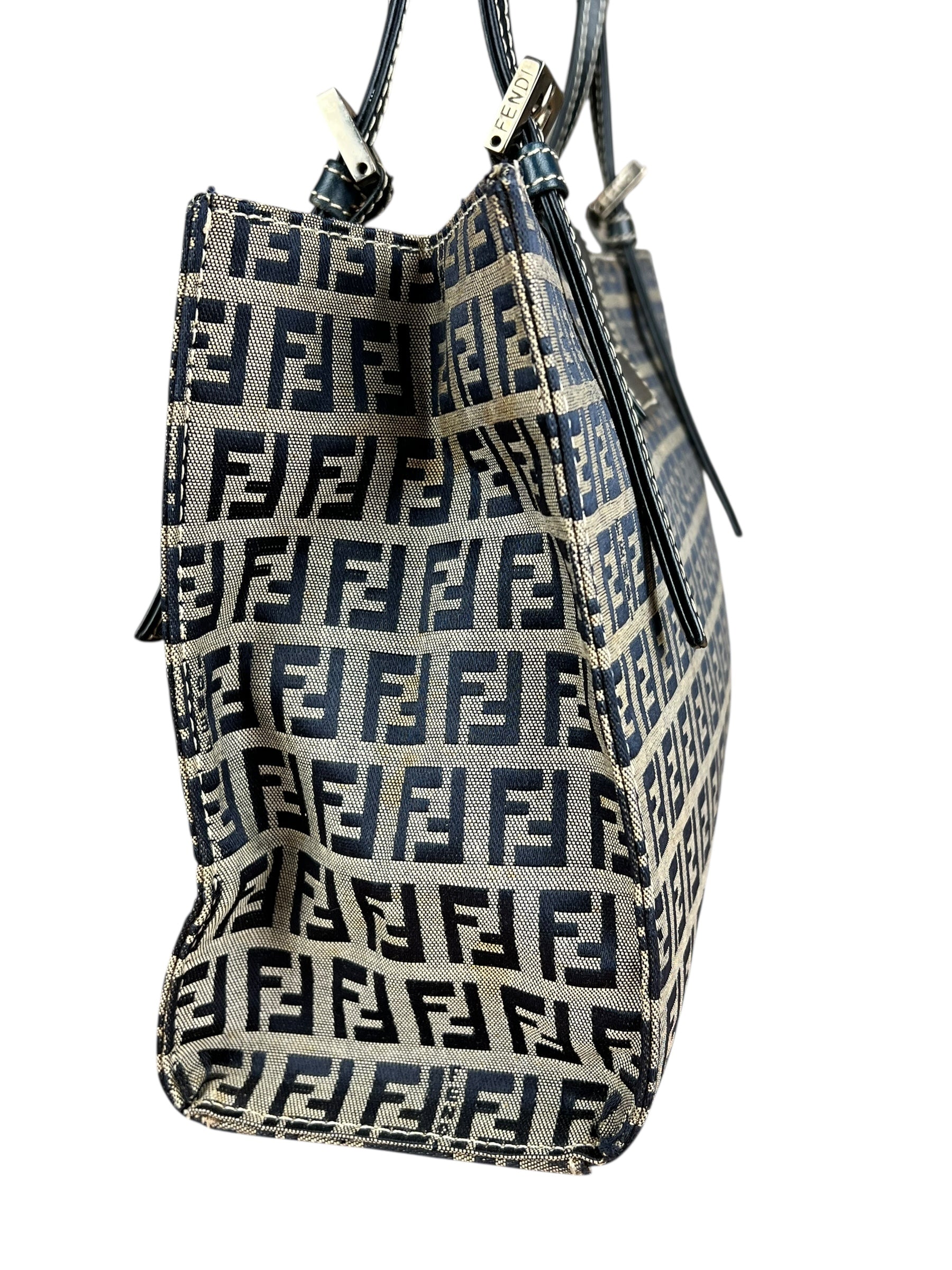 Fendi FF Buckle Navy Zucca Tote Handbag