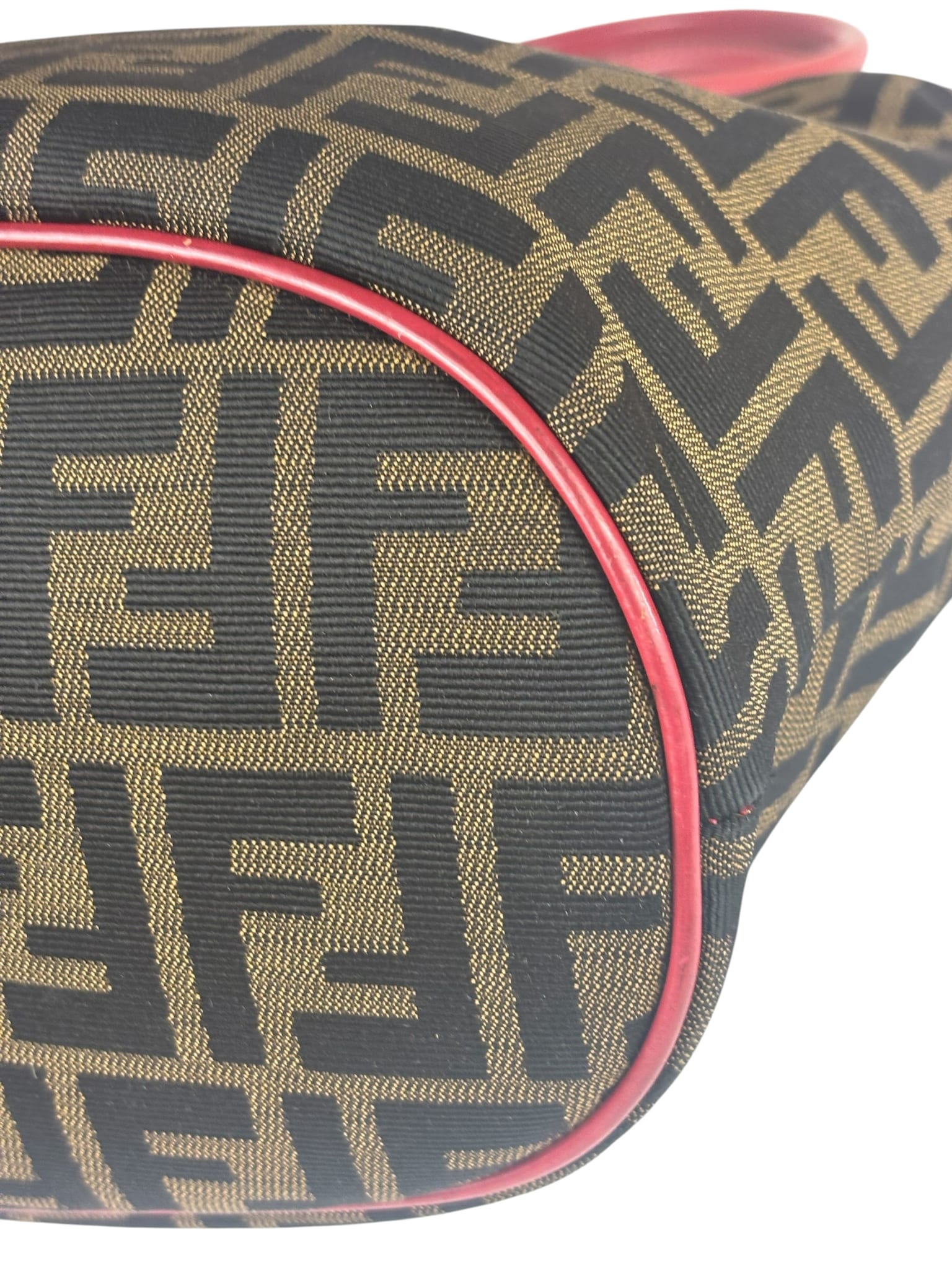 Fendi Beige/Red Leather Trim Zucca Buckle Tote