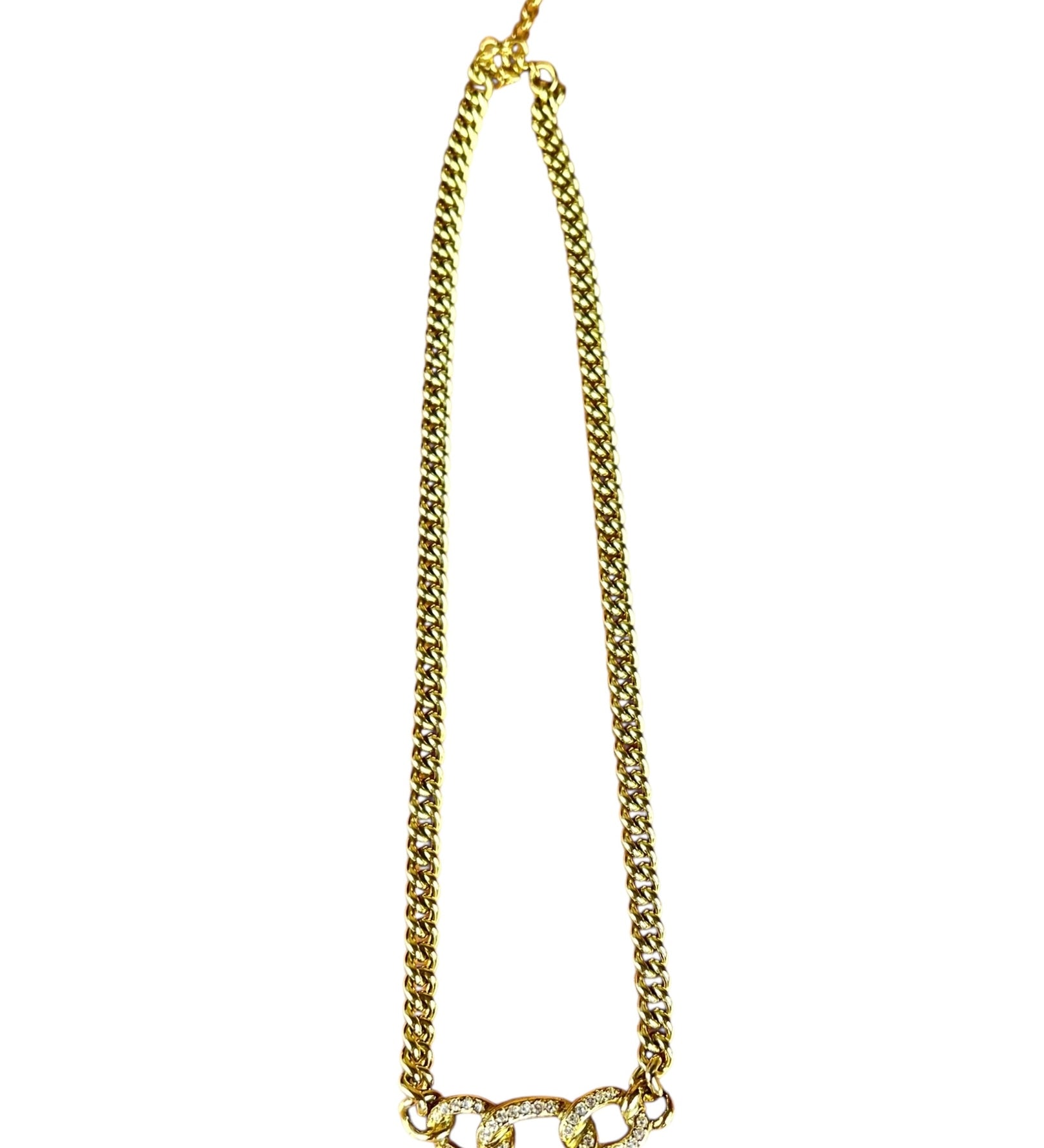 Christian Dior Rhinestone Chain Link Necklace Gold
