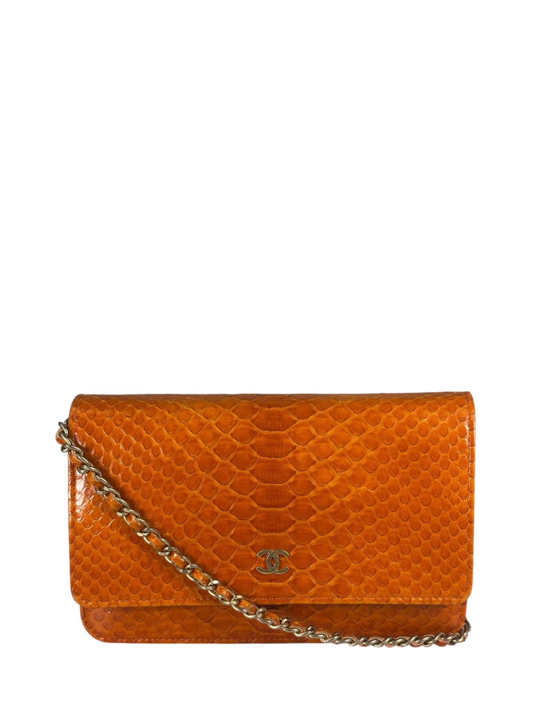 Chanel Orange Pythonskin Flap Wallet On Chain 2013
