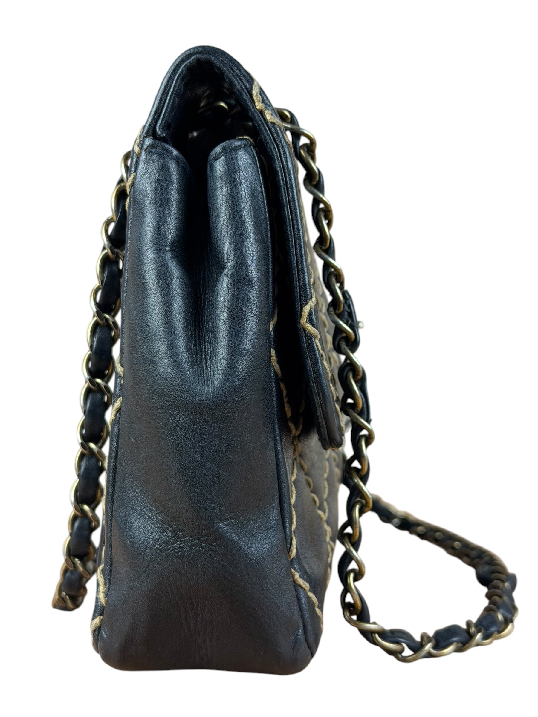 Chanel Vintage Navy Blue Leather Wild Stitch Surpique Flap Bag 2001