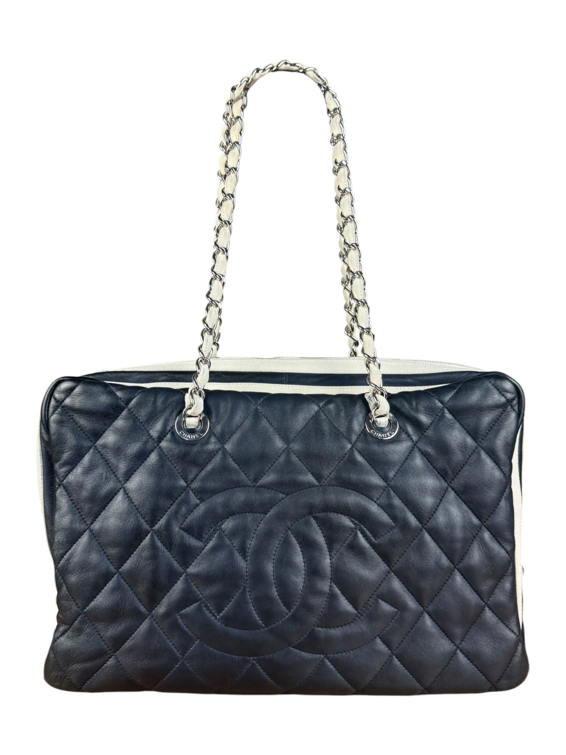 Chanel Navy Quilted Leather Lido Chain Shoulder Tote 2009