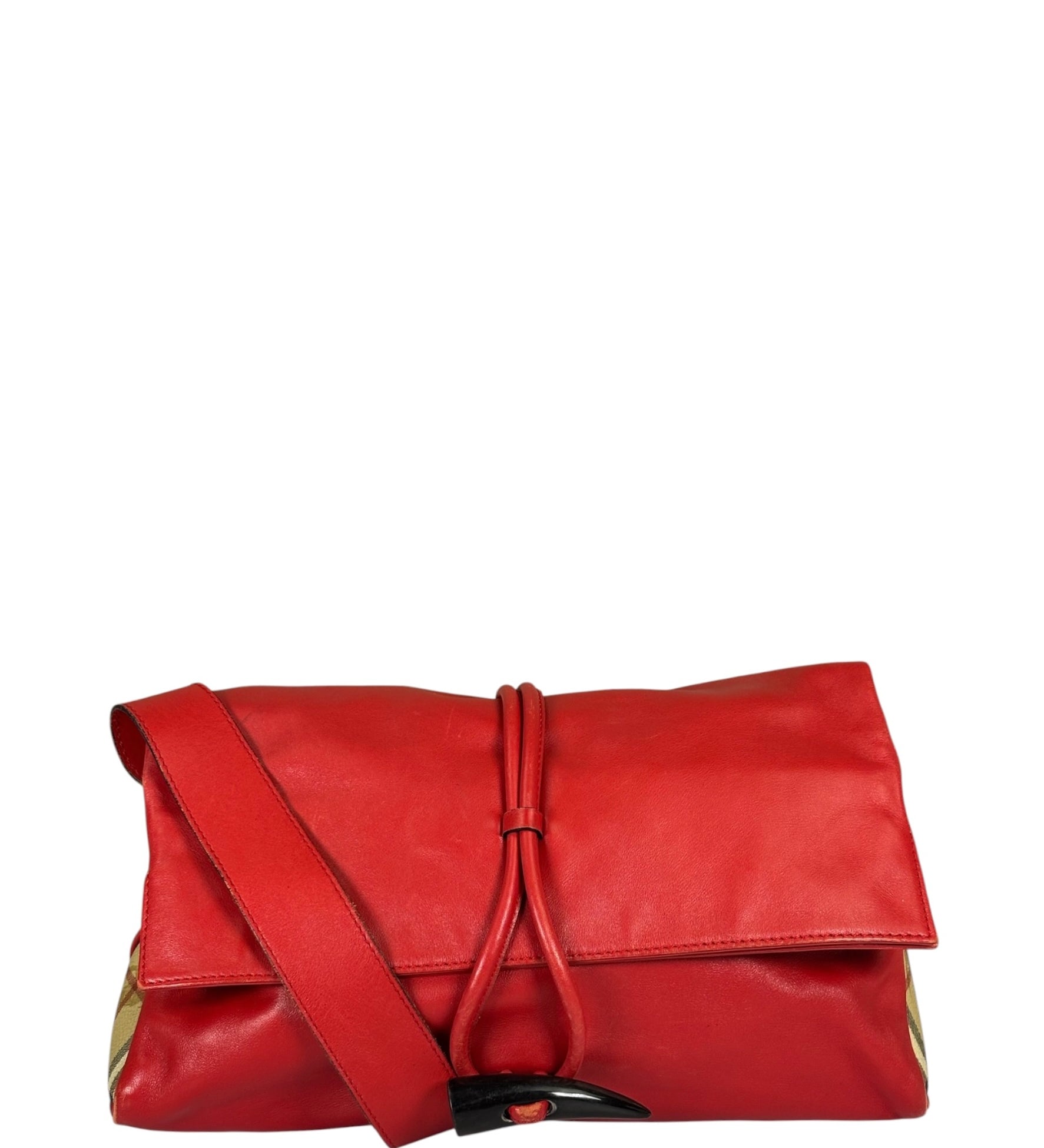 Burberry Red Leather Haymarket Check Shoulder Bag