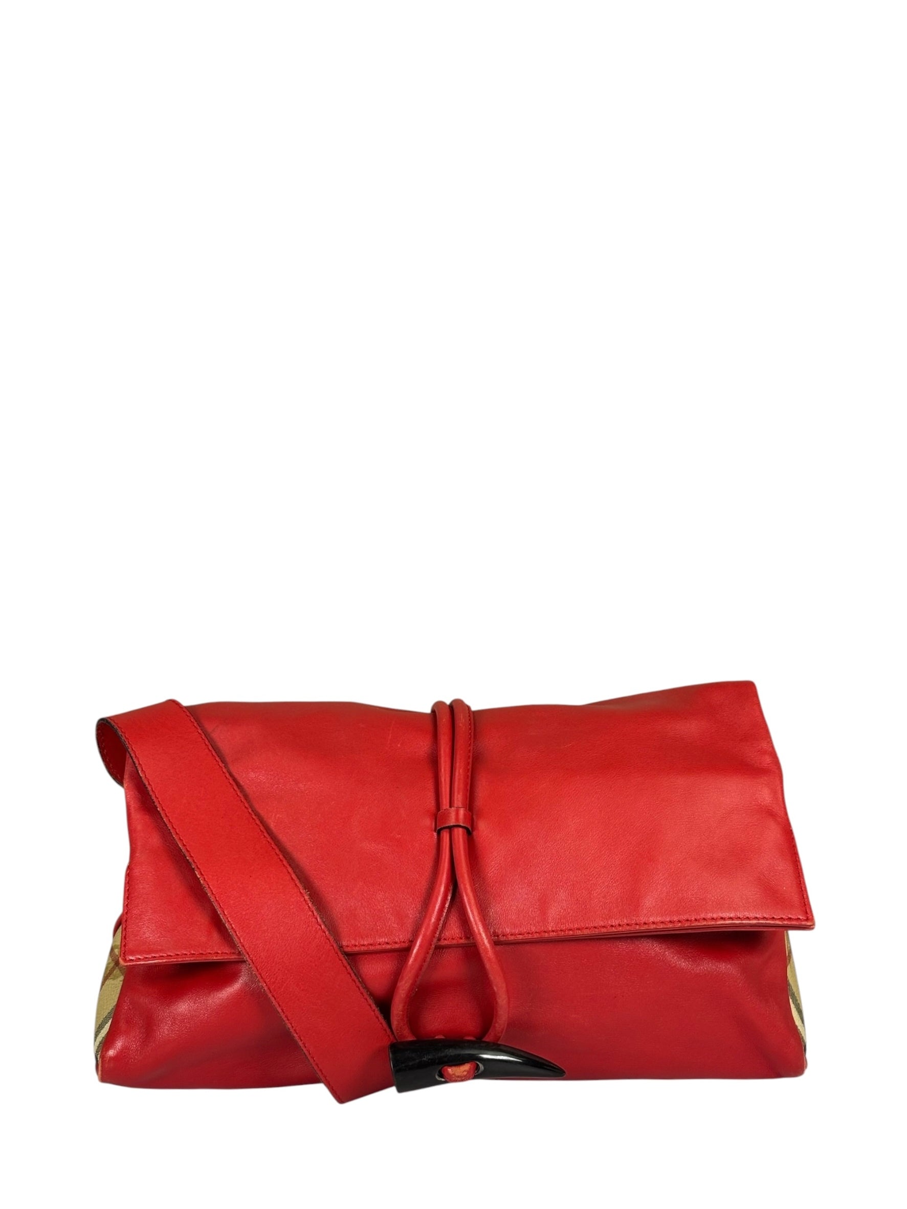 Burberry Red Leather Haymarket Check Shoulder Bag