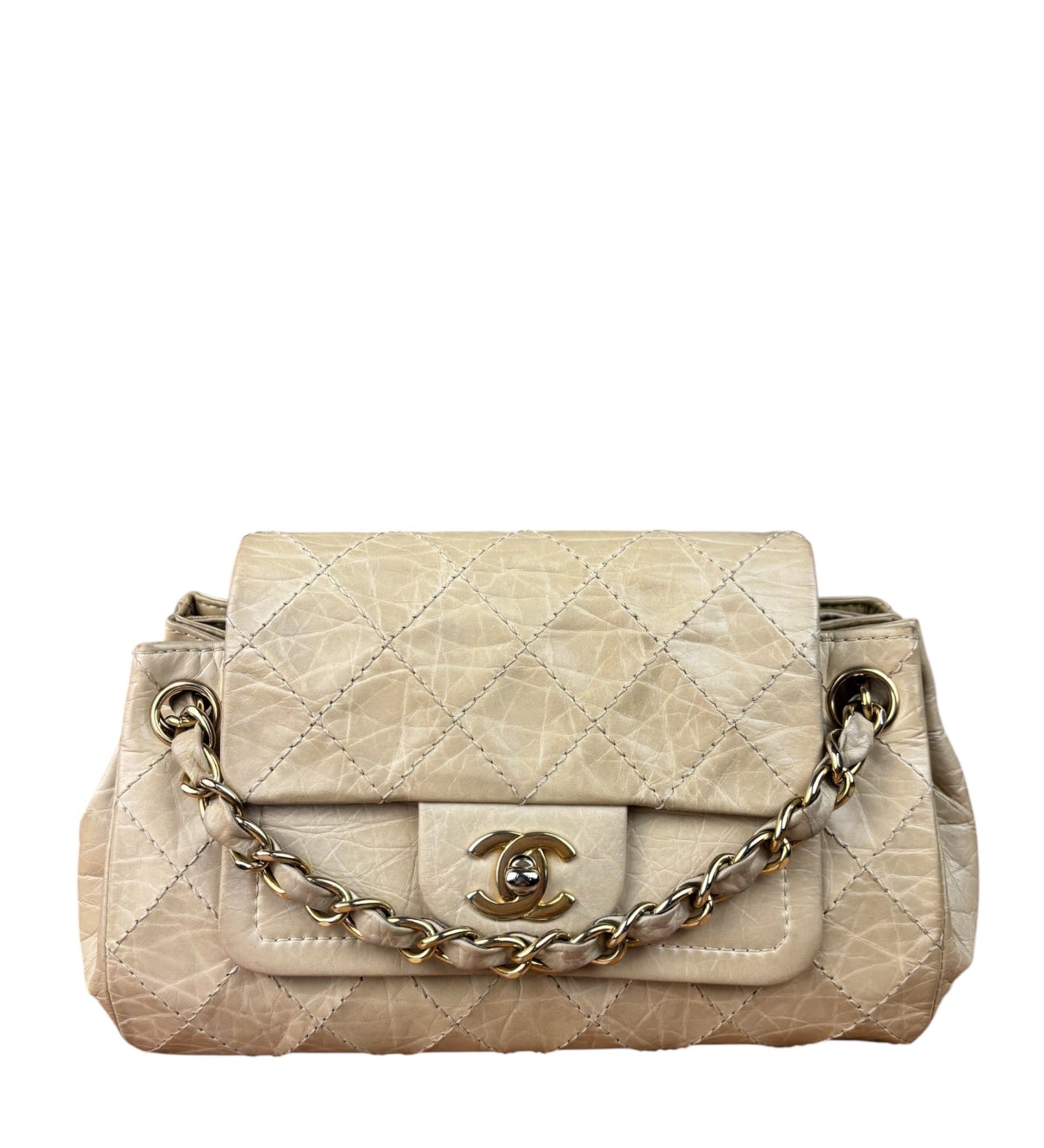 Chanel Beige Quilted Leather Accordion Double Flap Bag 2005