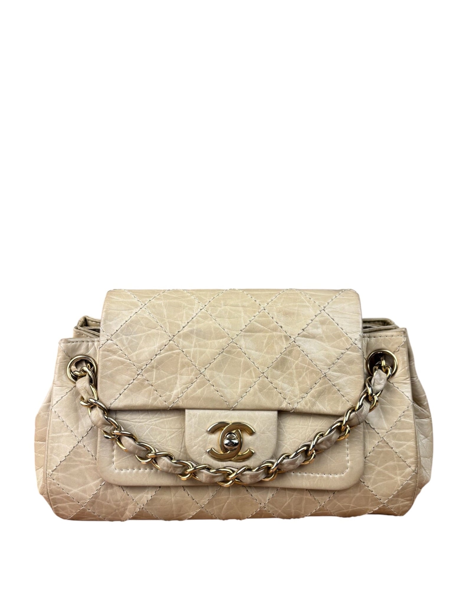 Chanel Beige Quilted Leather Accordion Double Flap Bag 2005