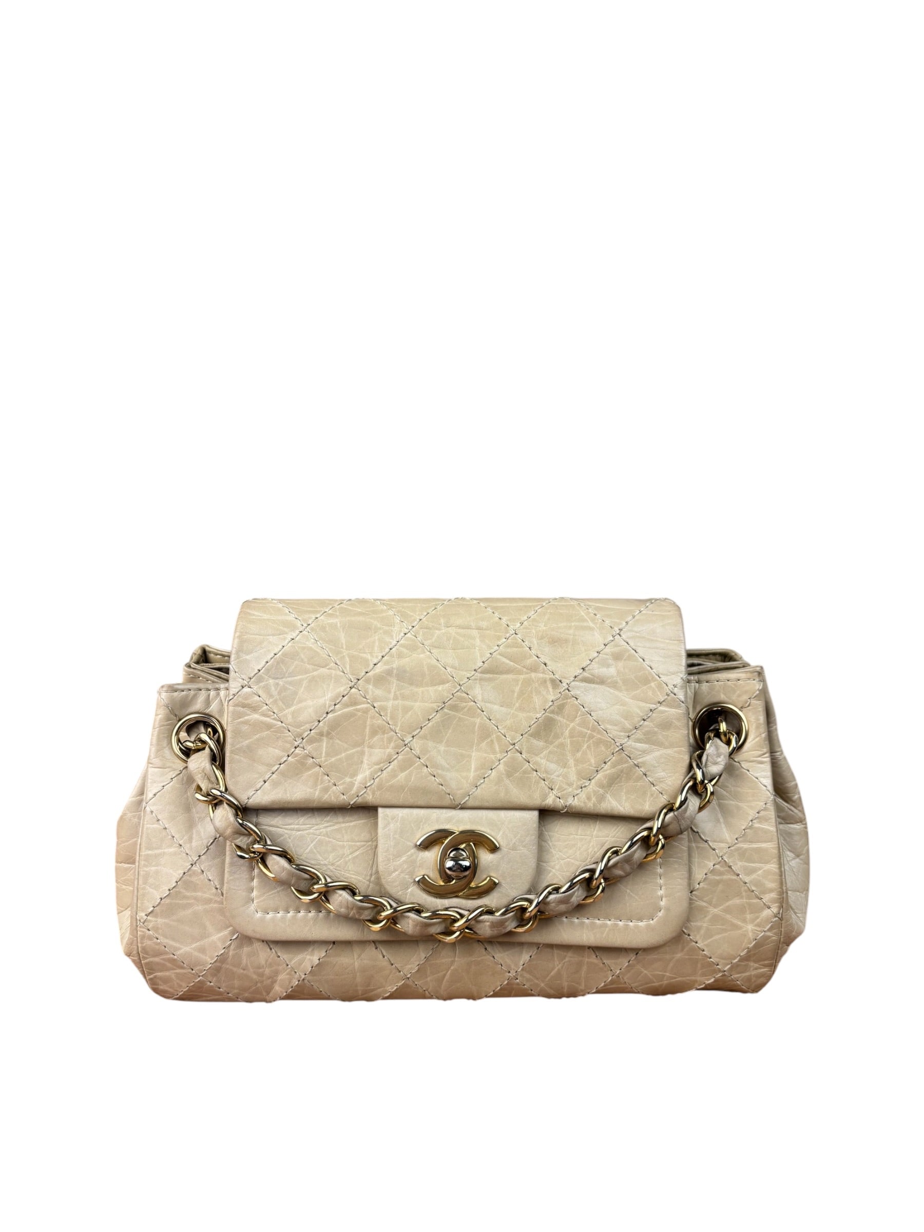 Chanel Beige Quilted Leather Accordion Double Flap Bag 2005