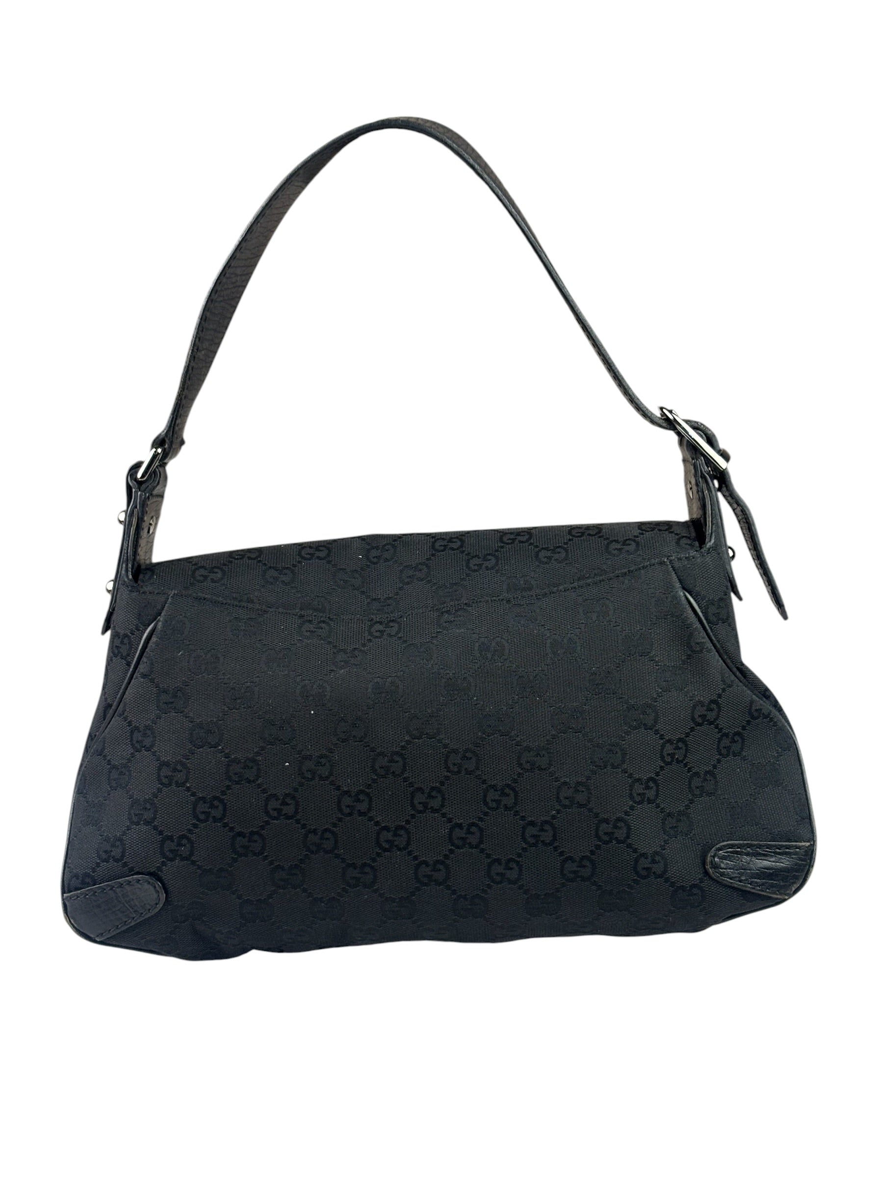 Gucci Black Leather Trim Horsebit GG Chain Shoulder Bag
