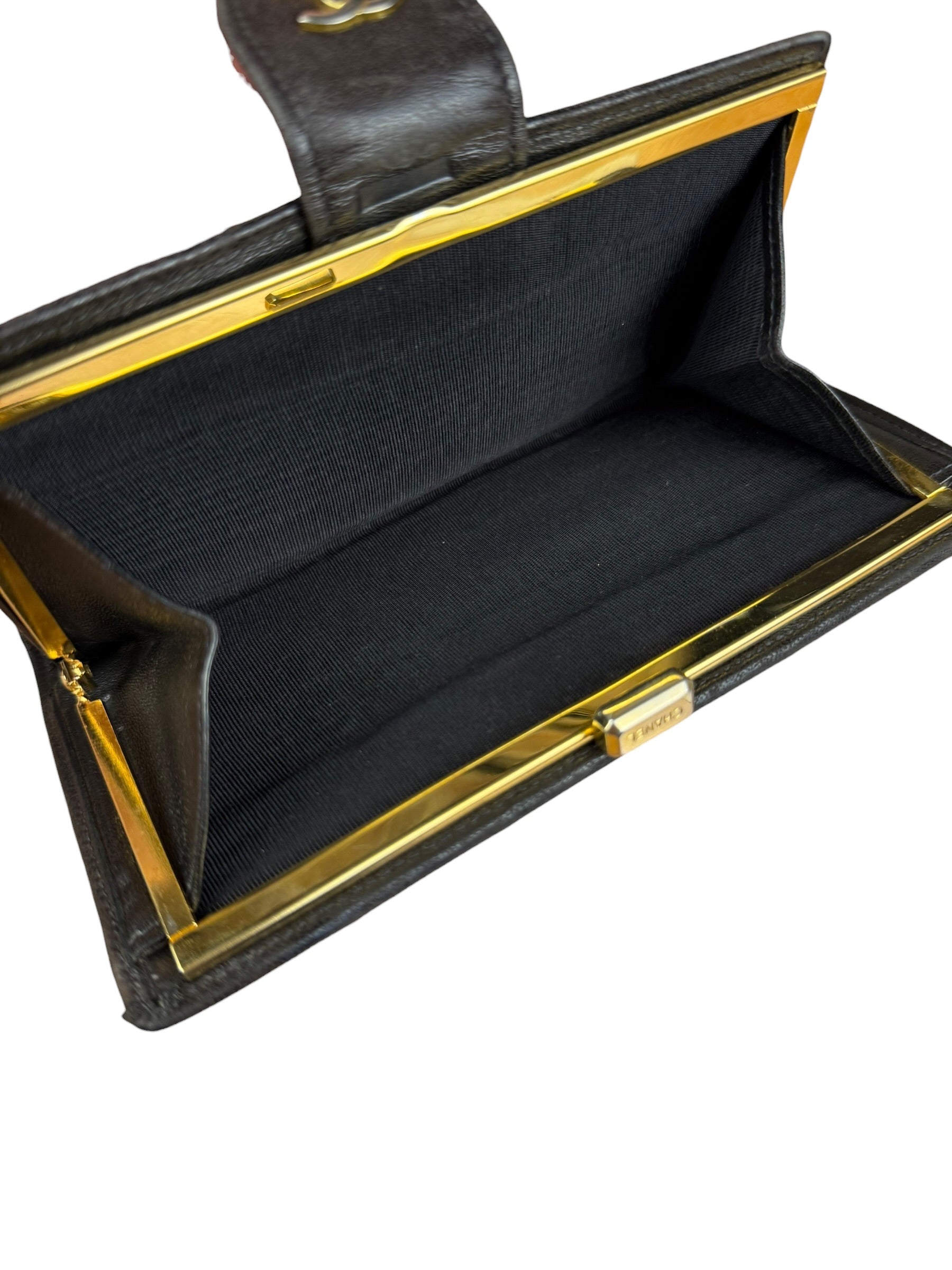 Chanel Vintage Dark Brown Leather Quilted CC Long Wallet