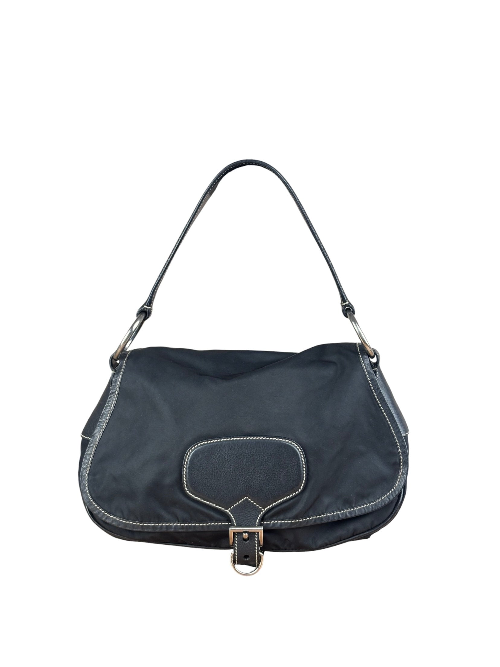 Damaged Prada Vintage Black Tessuto Nylon Leather Trim Saddle Flap Shoulder Bag