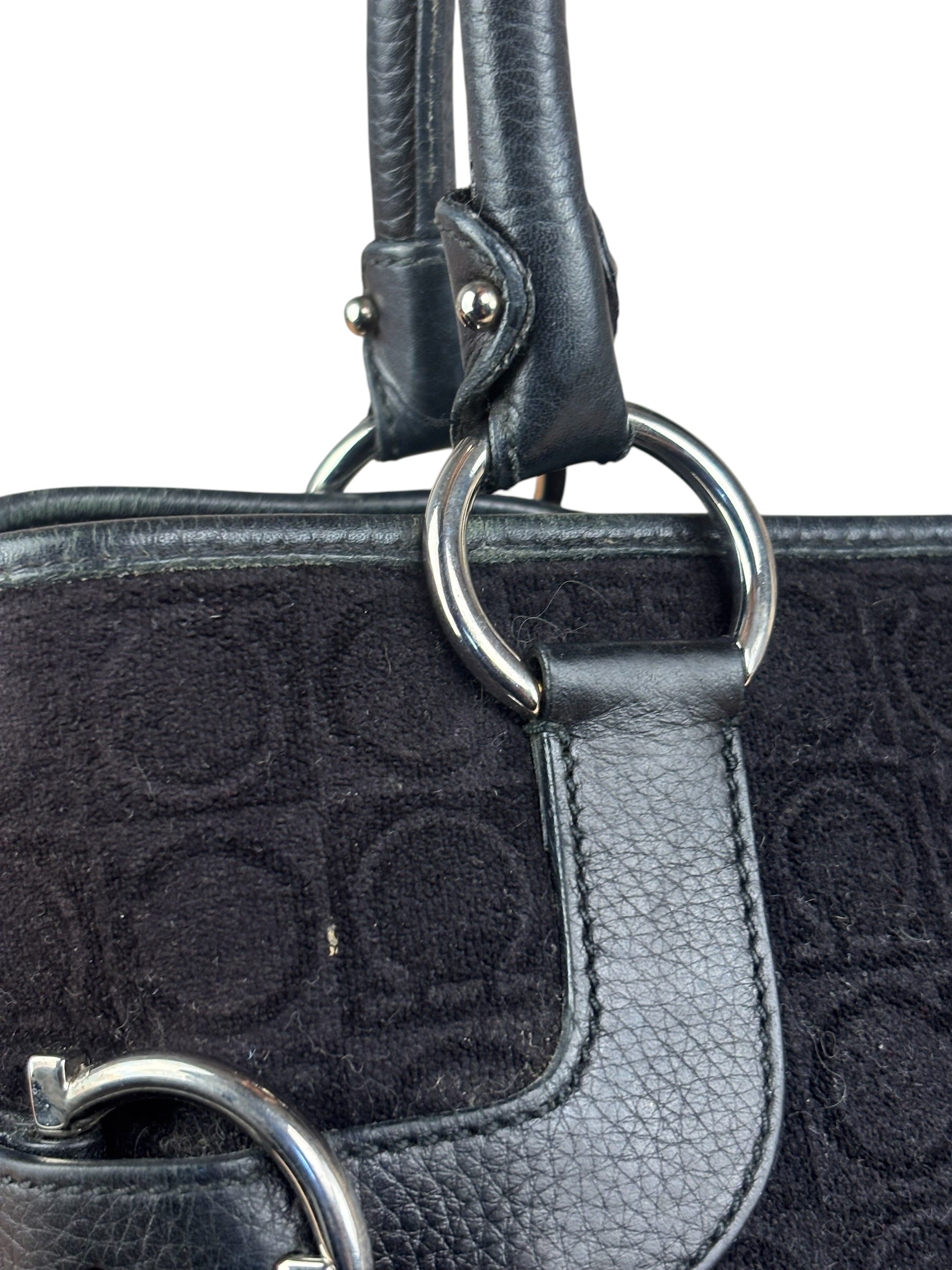 Salvatore Ferragamo Black Leather Trim Gancini Monogram Canvas Shoulder Bag
