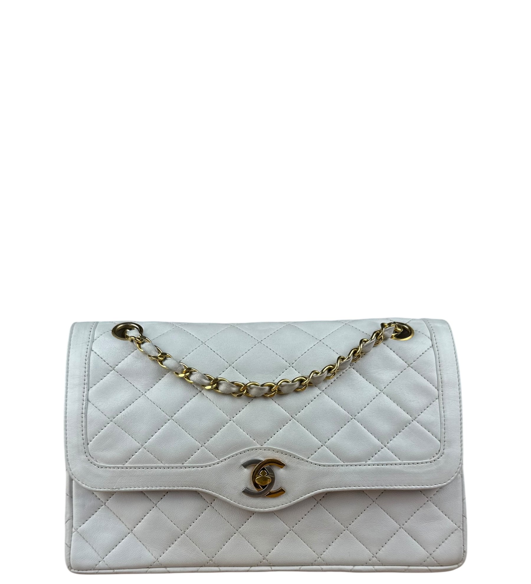 Chanel CC White Quilted Double Flap Bag 1988