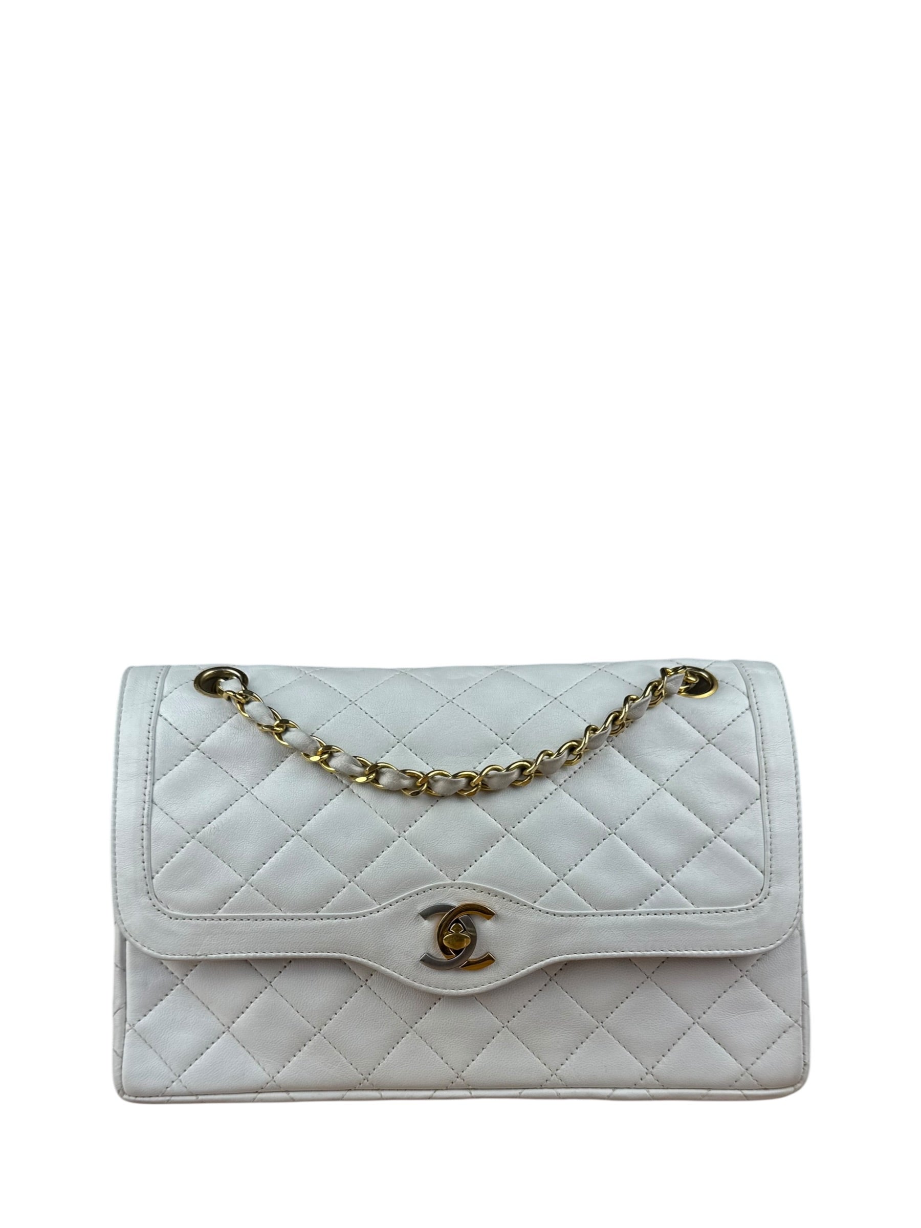 Chanel CC White Quilted Double Flap Bag 1988