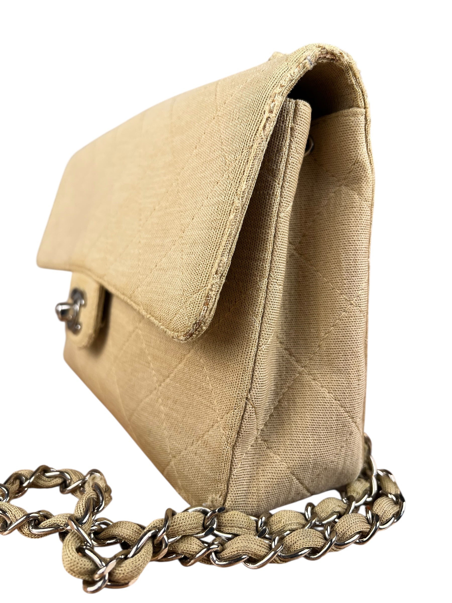 Chanel Vintage Beige Jersey Quilted Classic Flap Bag