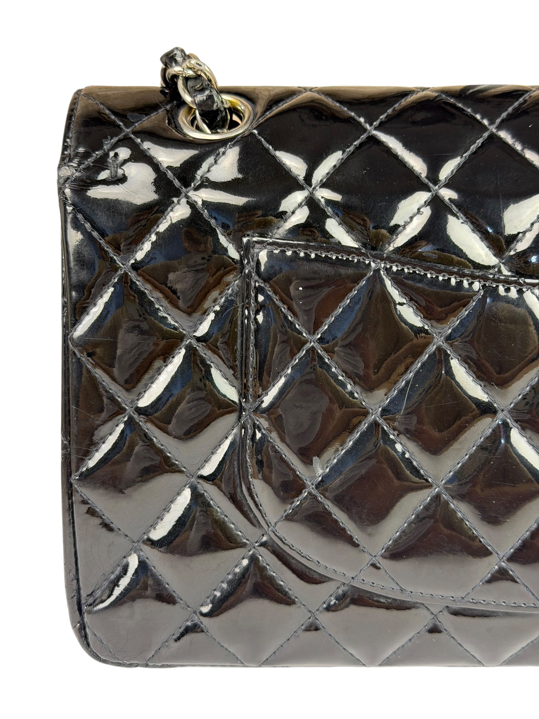 Chanel Black Patent Quilted Leather Double Flap Bag