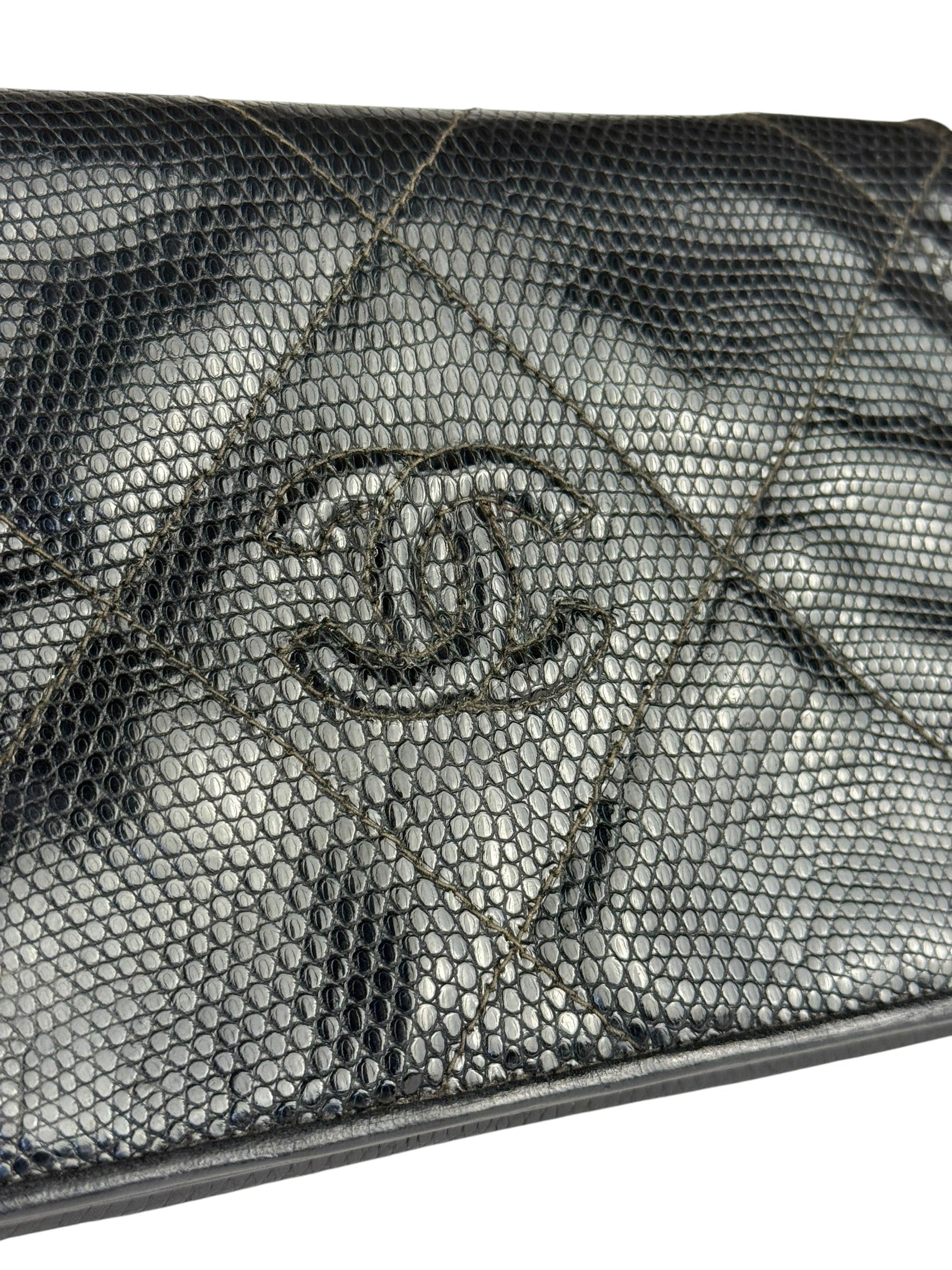 Chanel Vintage Black Lizard Leather Chain Flap Bag 1987