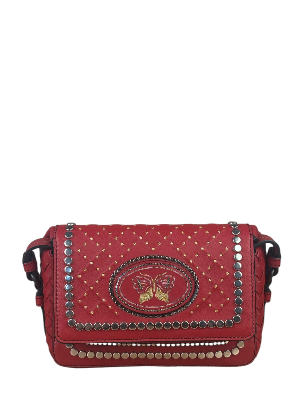 Bottega Veneta Red Leather Studded Intrecciato Flap Crossbody Bag