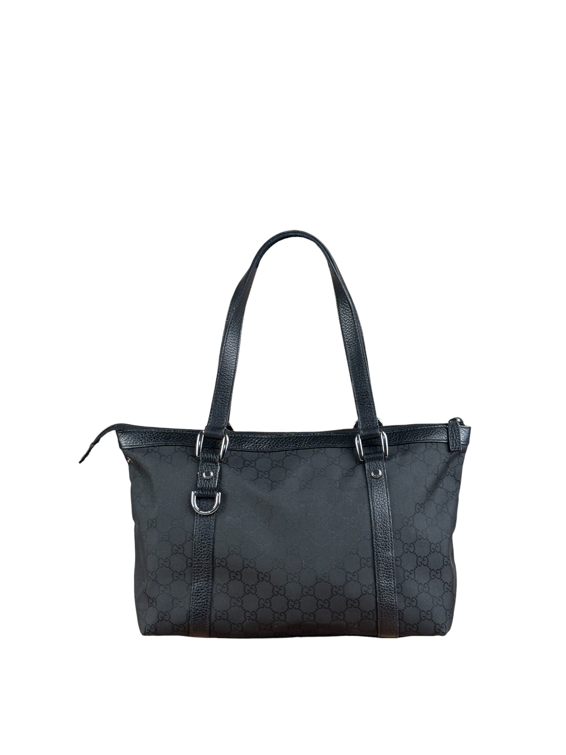 Gucci Black Leather Trim GG Canvas Abbey Zip Tote Bag