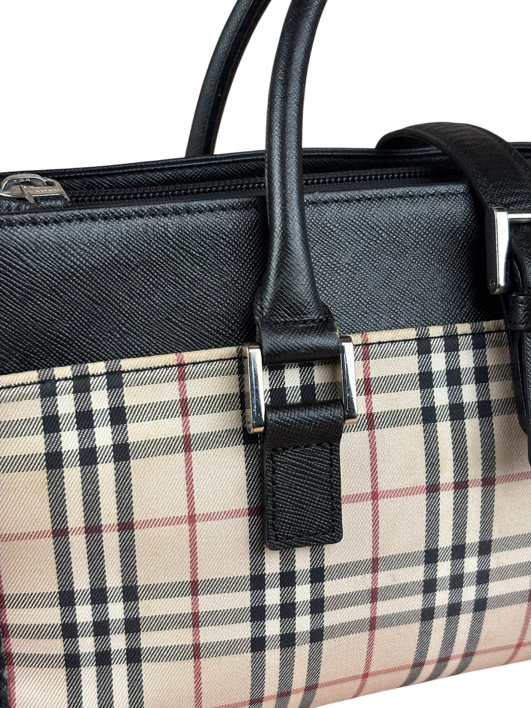 Burberry Vintage Leather Trim House Check Top Handle Bag