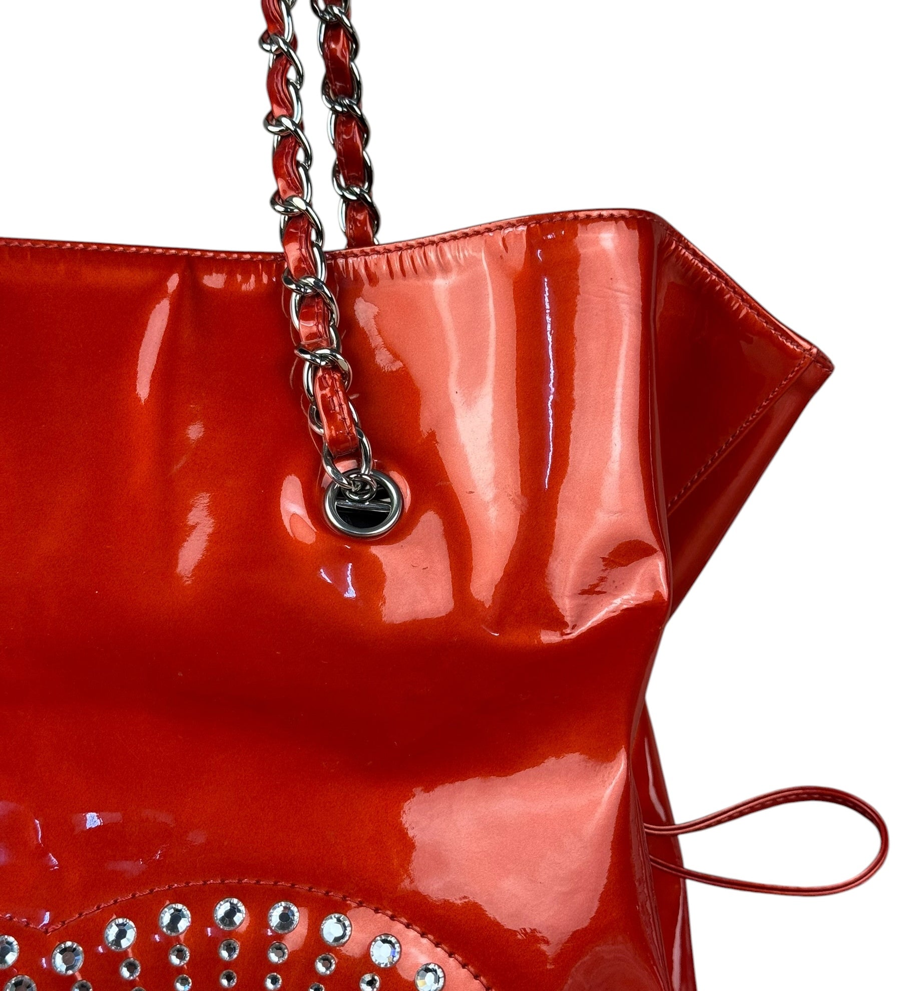 Chanel Red Patent CC Crystal Bon Bon Chain Tote
