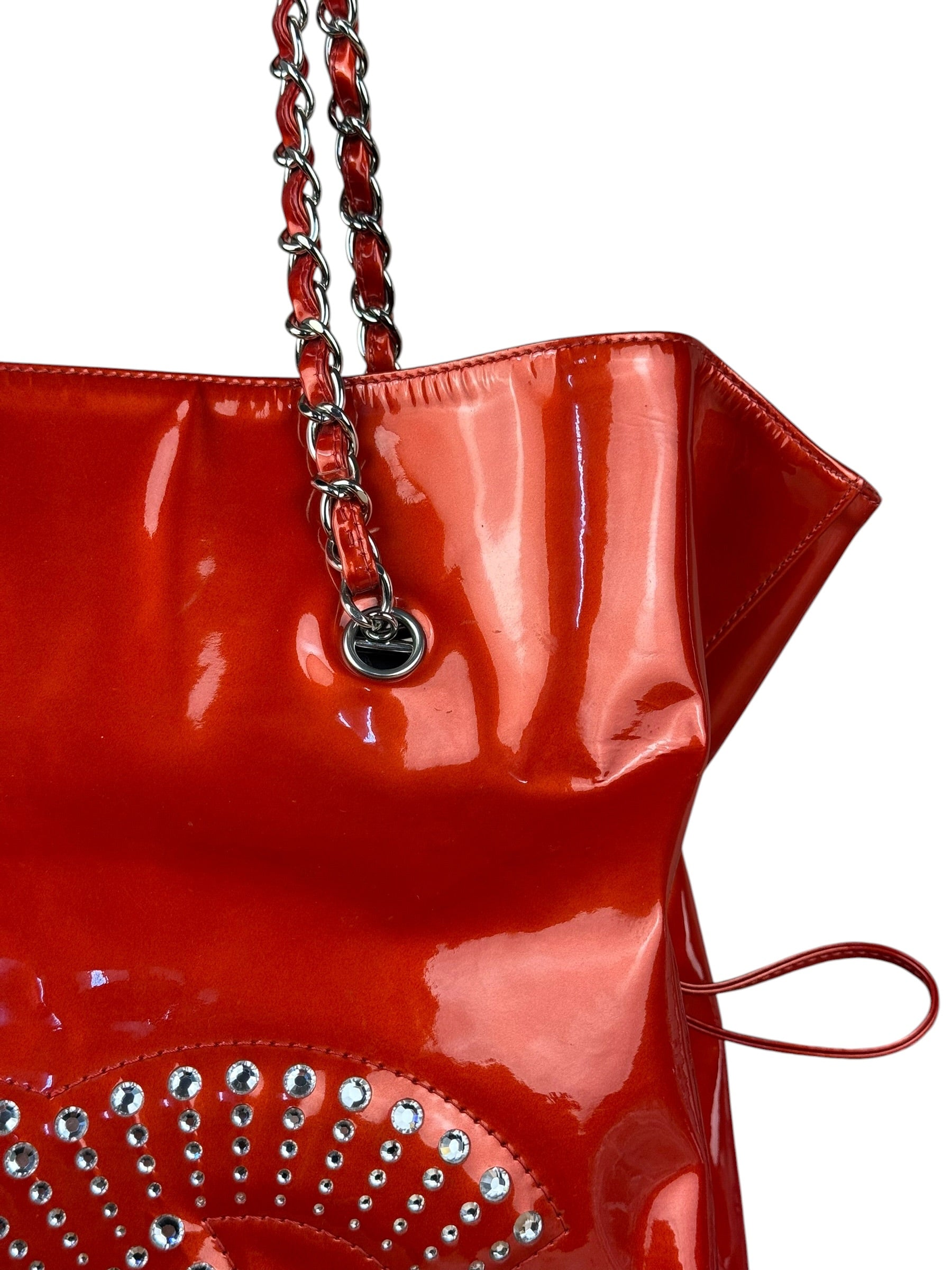 Chanel Red Patent CC Crystal Bon Bon Chain Tote