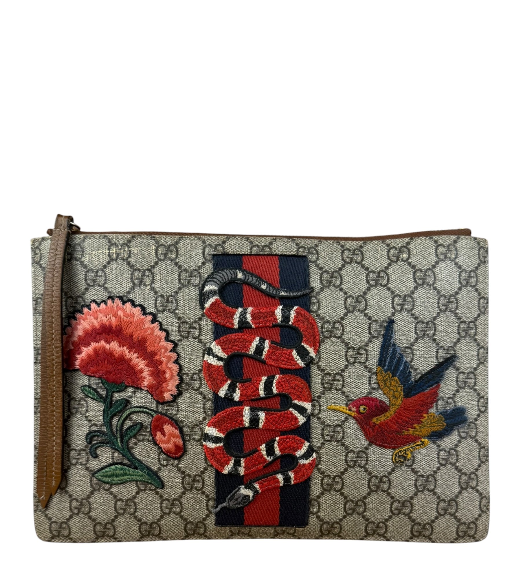Gucci GG Supreme Kingsnake Hummingbird Embroidered Clutch Pouch