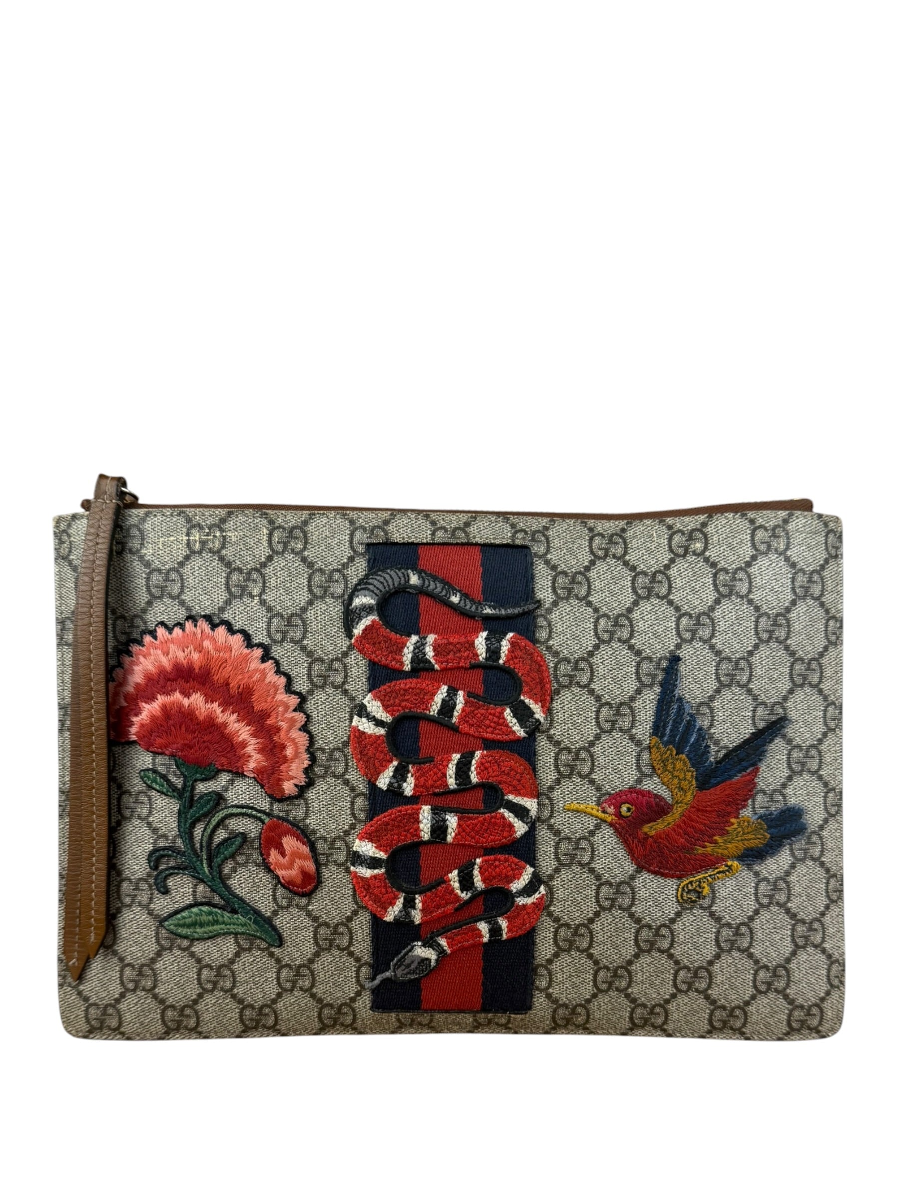 Gucci GG Supreme Kingsnake Hummingbird Embroidered Clutch Pouch