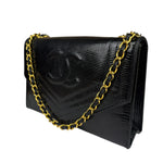 Chanel Black Lizard Leather Envelope Flap Bag 1986