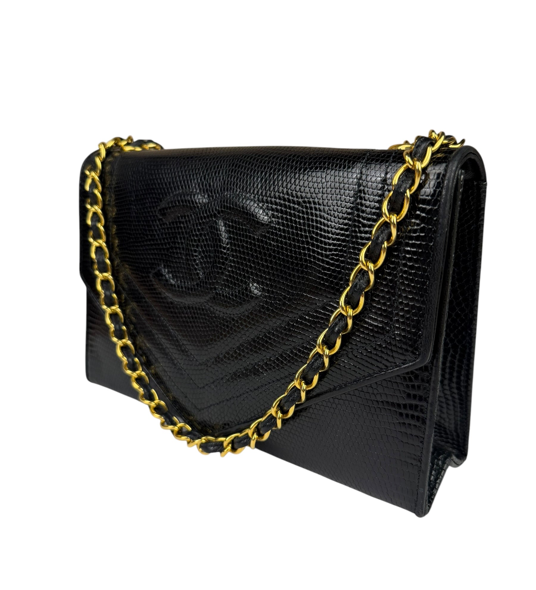 Chanel Black Lizard Leather Envelope Flap Bag 1986