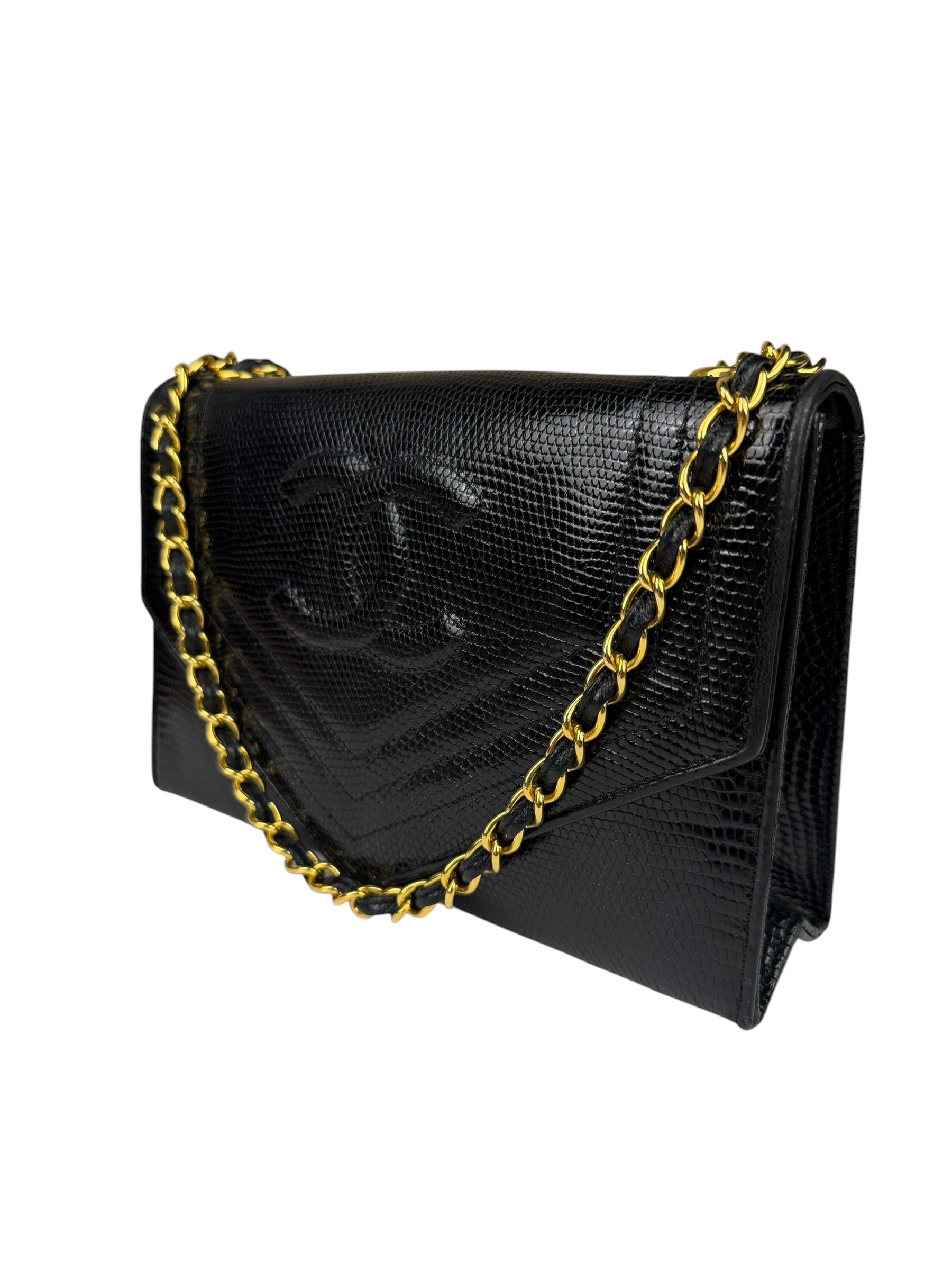 Chanel Black Lizard Leather Envelope Flap Bag 1986