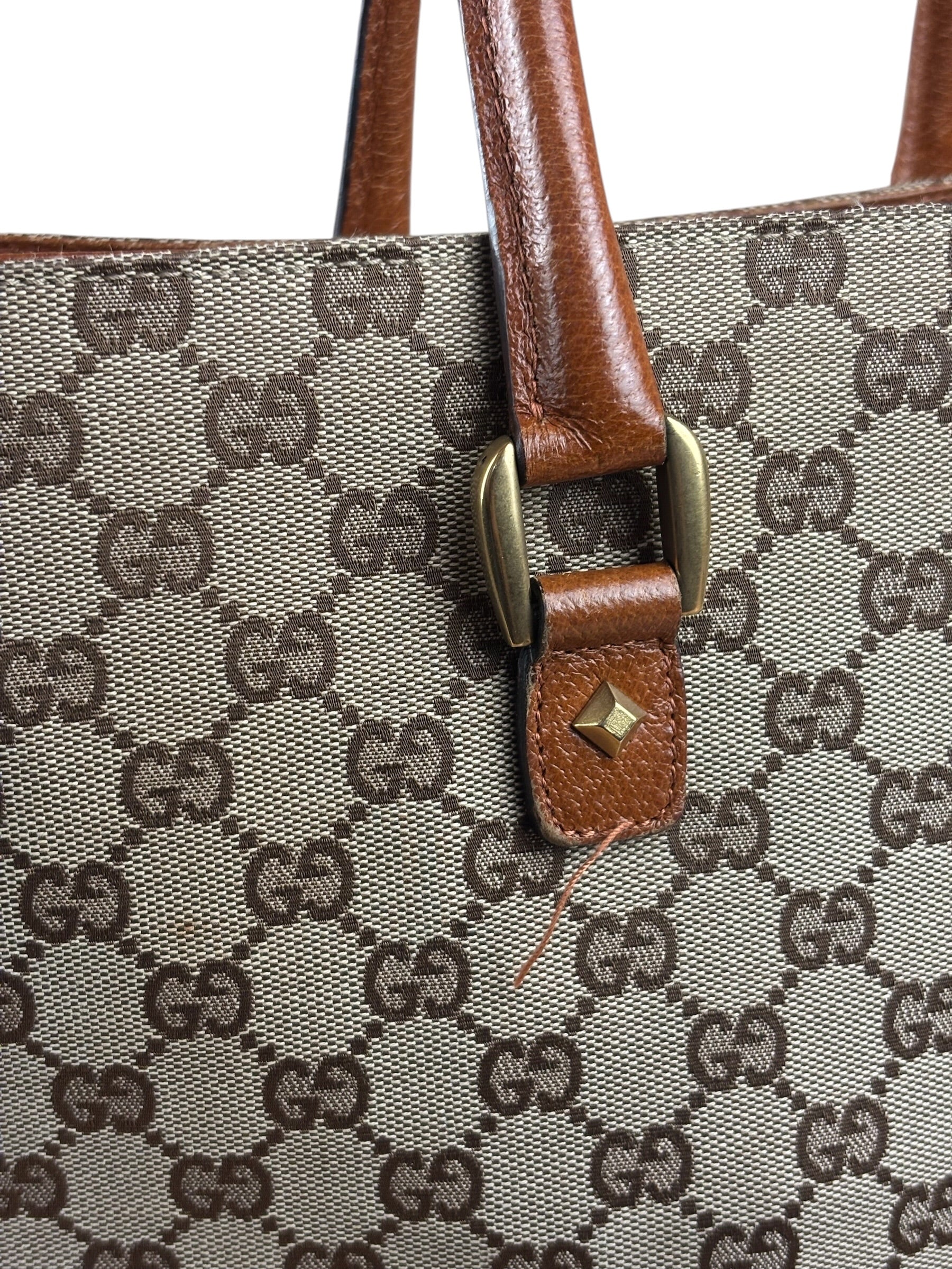Gucci GG Brown Leather Trim Canvas Monogram Tote Bag