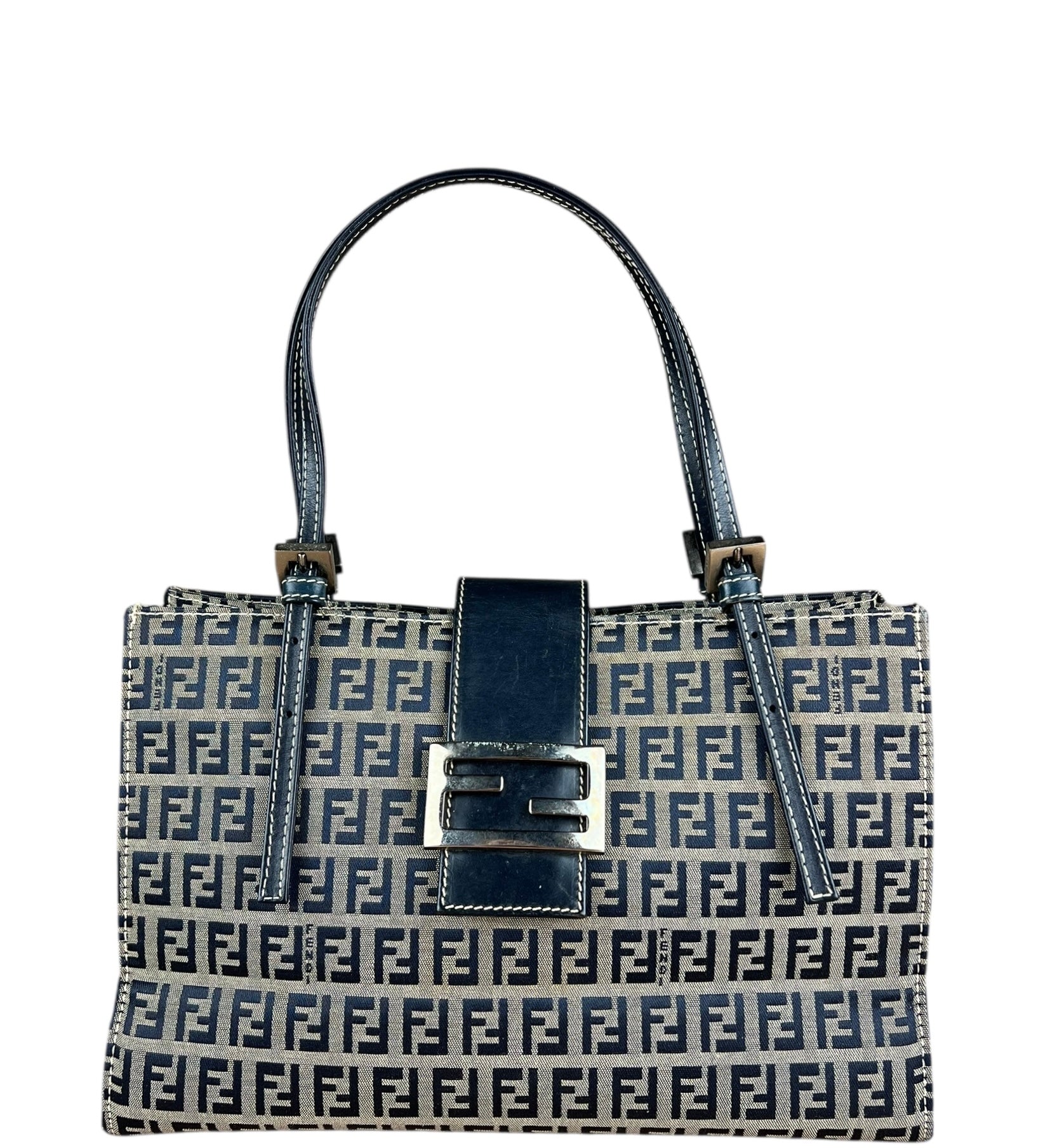 Fendi FF Buckle Navy Zucca Tote Handbag