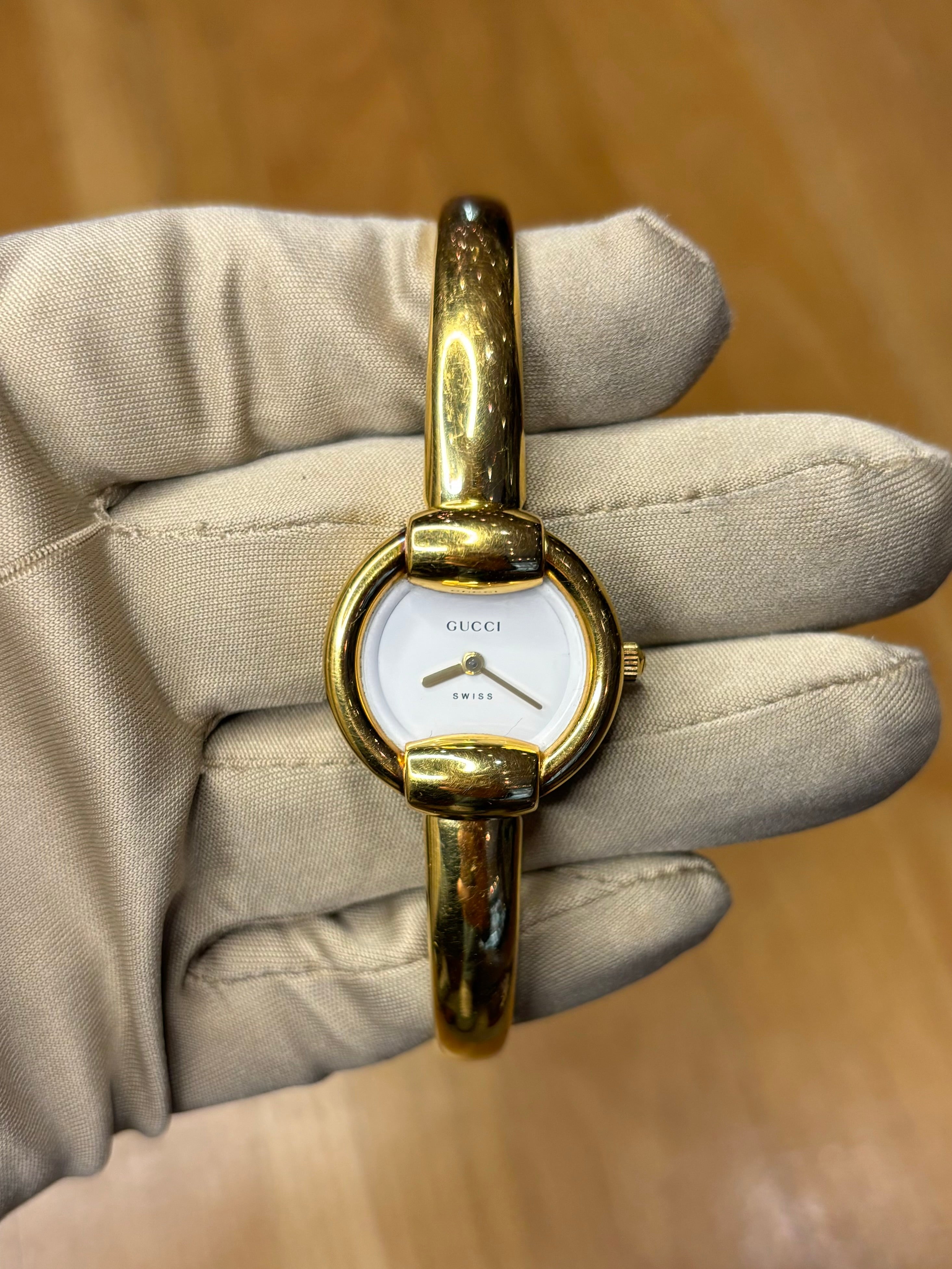 Gucci Gold Plated White Dial Bangle Bracelet