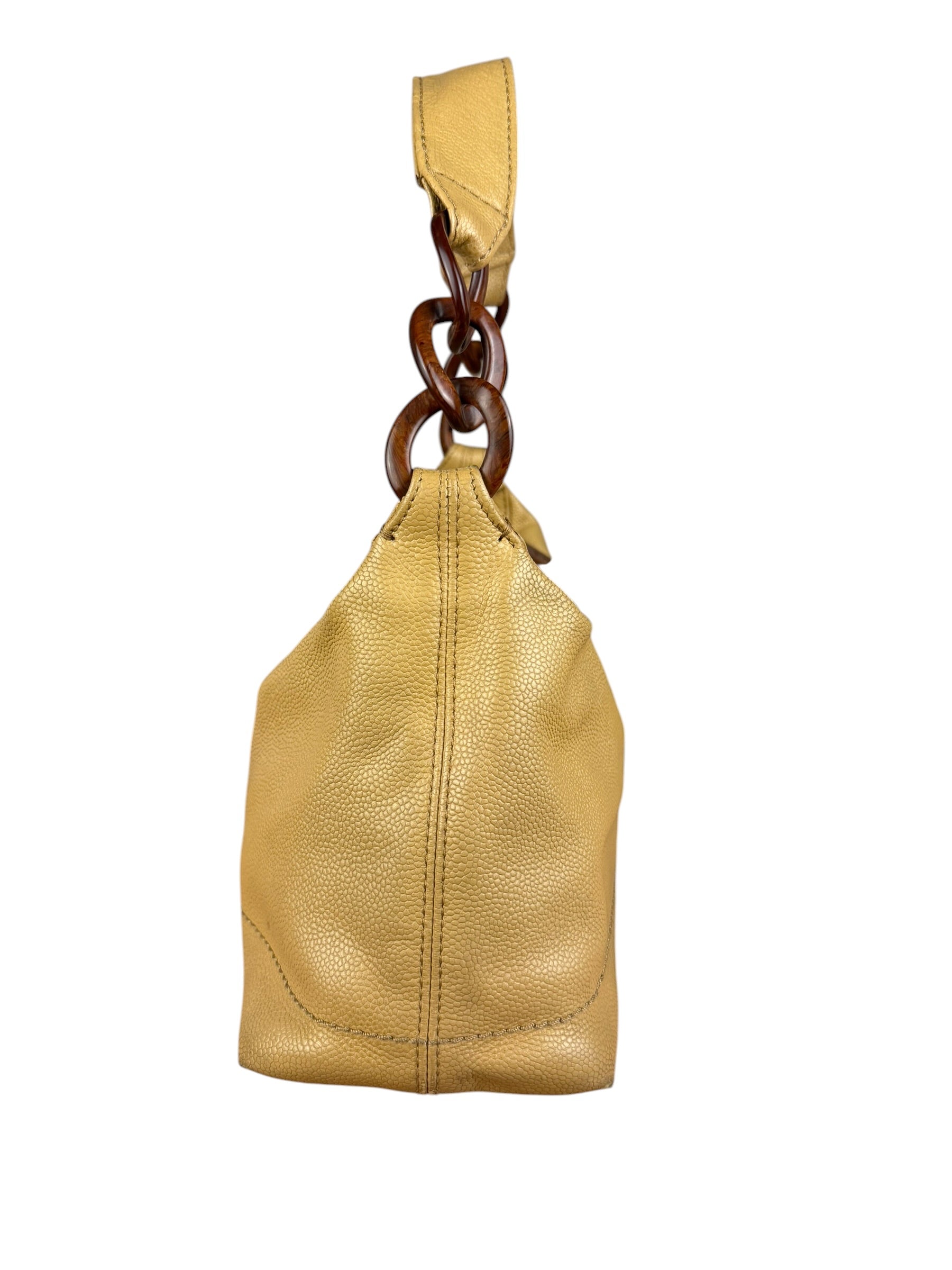 Chanel CC Vintage Beige Leather Caviar Wood Chain Hobo Bag