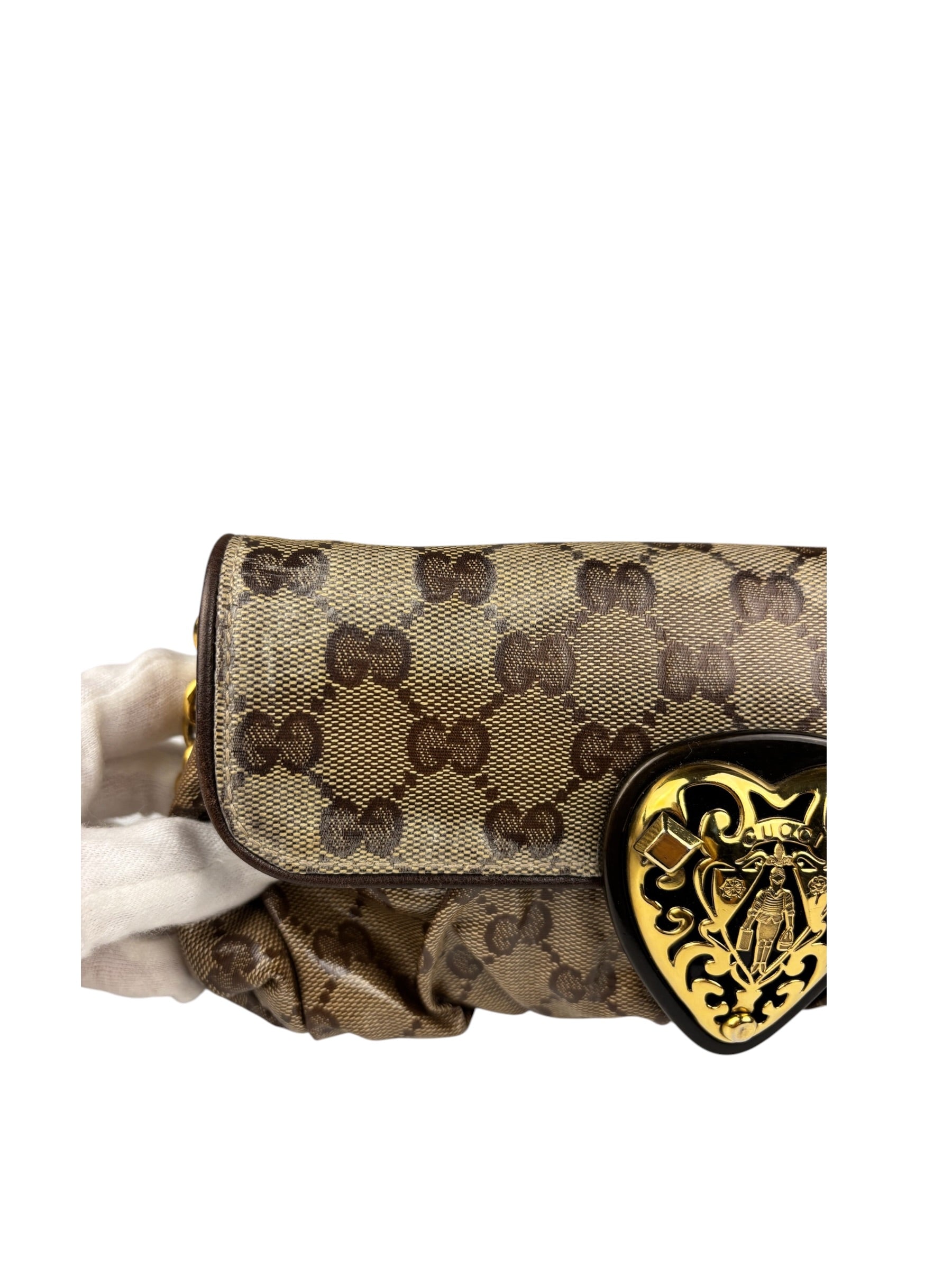 Gucci Brown Patent Leather GG Crystal Babouska Hysteria Pochette