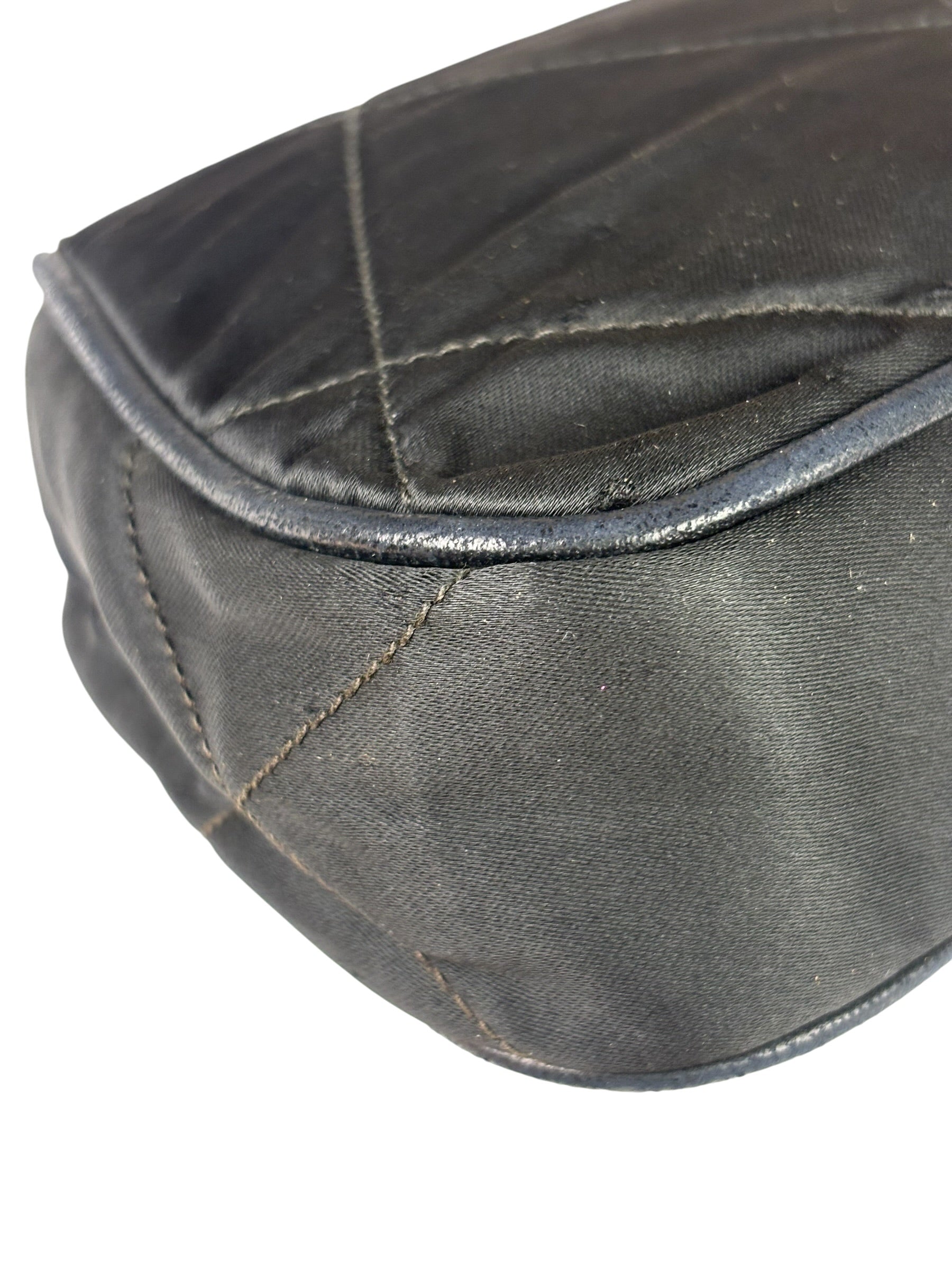 Chanel Black Quilted Satin/Leather Trim Chain Shoulder Bag 1989