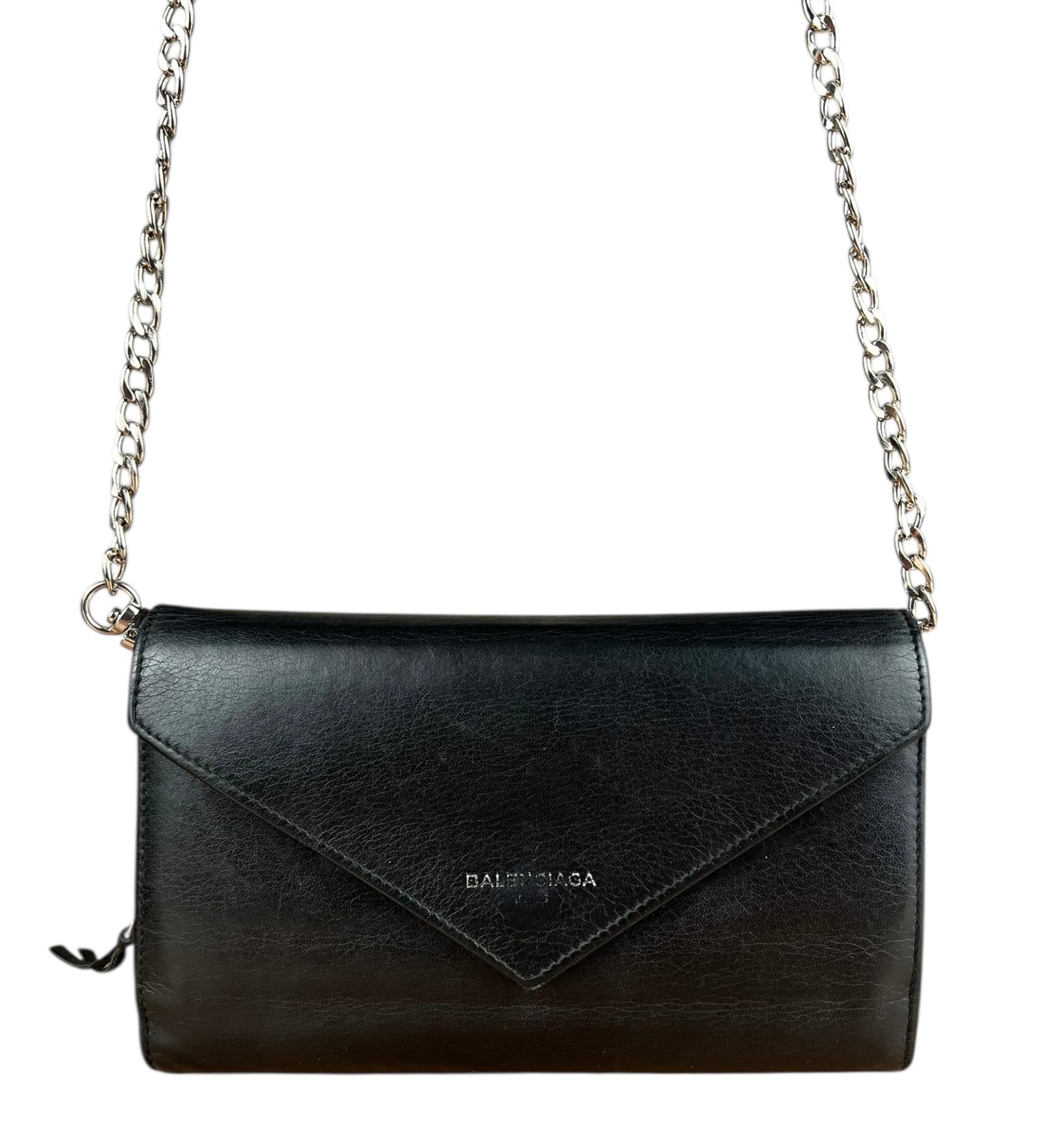 Balenciaga Black Leather Flap Wallet on Chain Bag