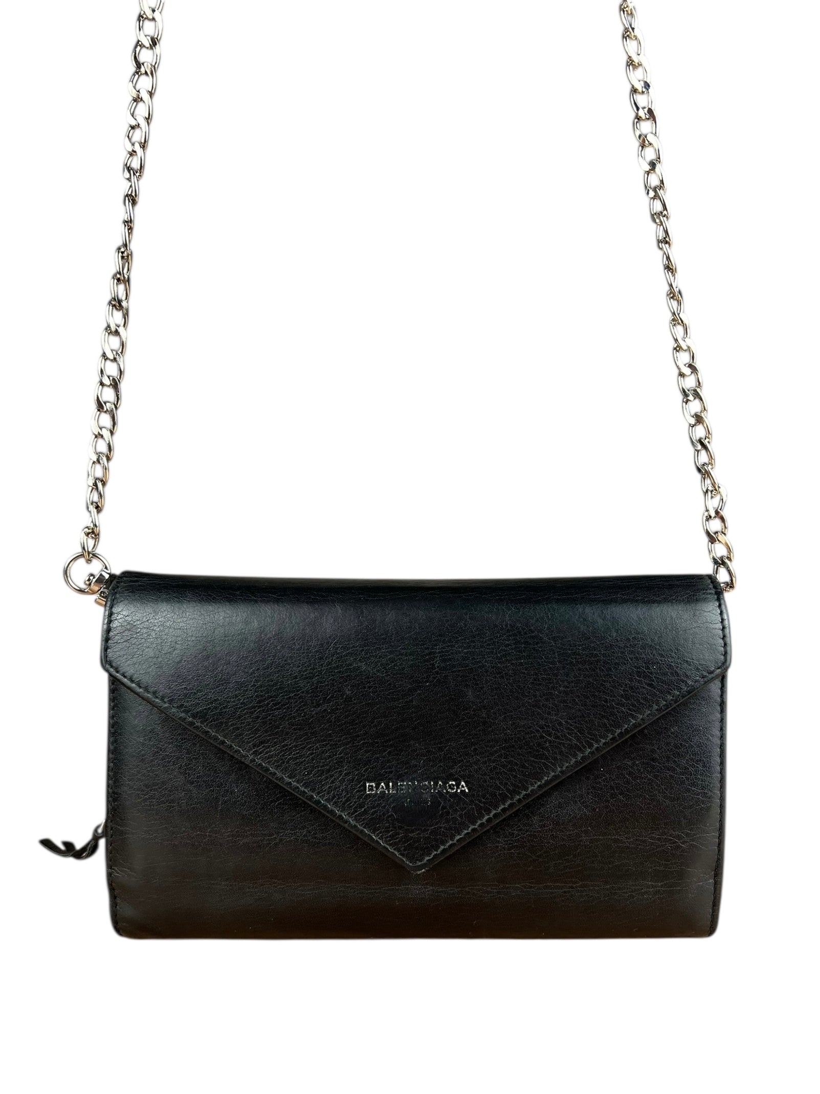 Balenciaga Black Leather Flap Wallet on Chain Bag