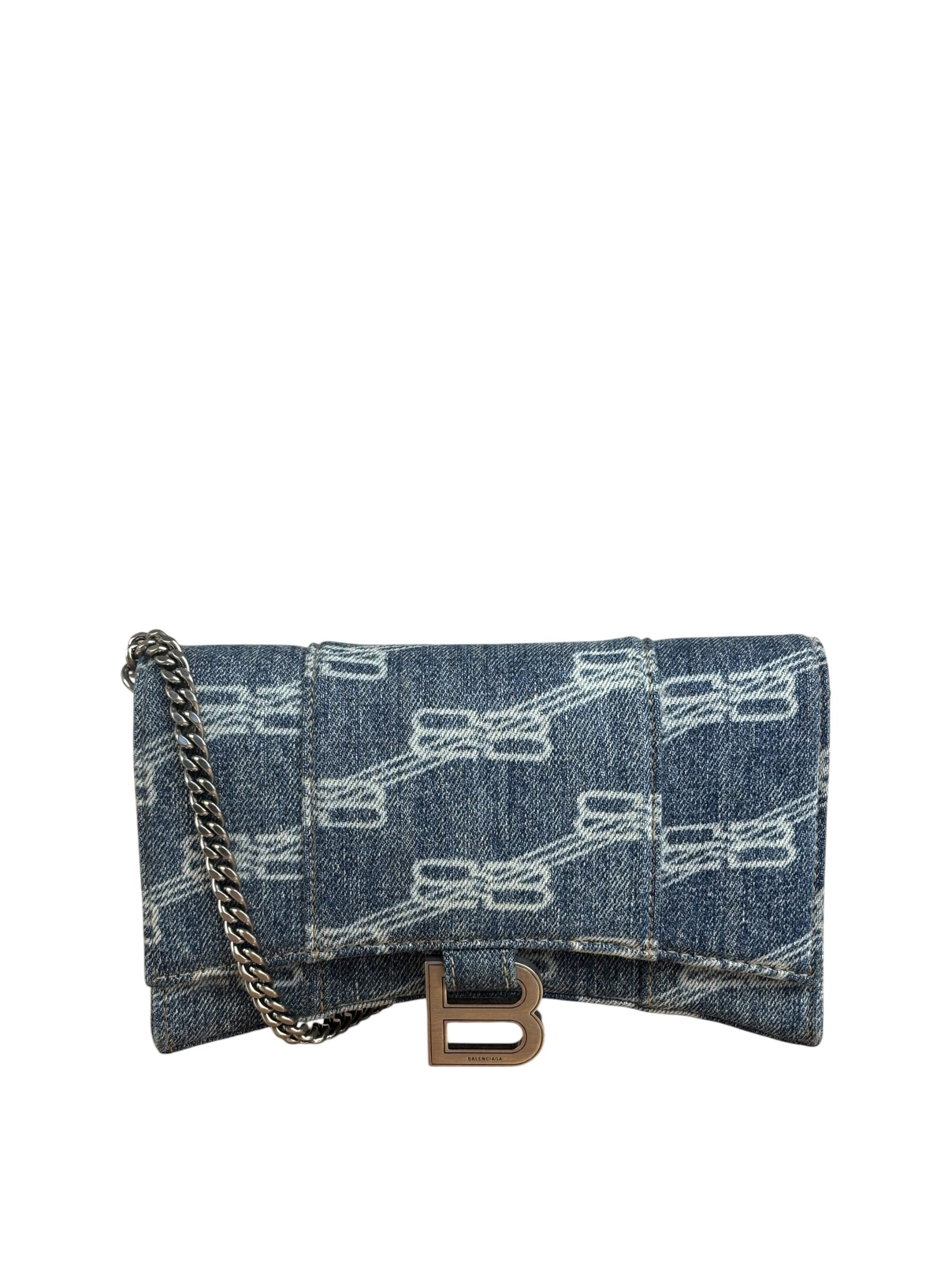 Balenciaga Blue Denim Hourglass Monogram Wallet On Chain